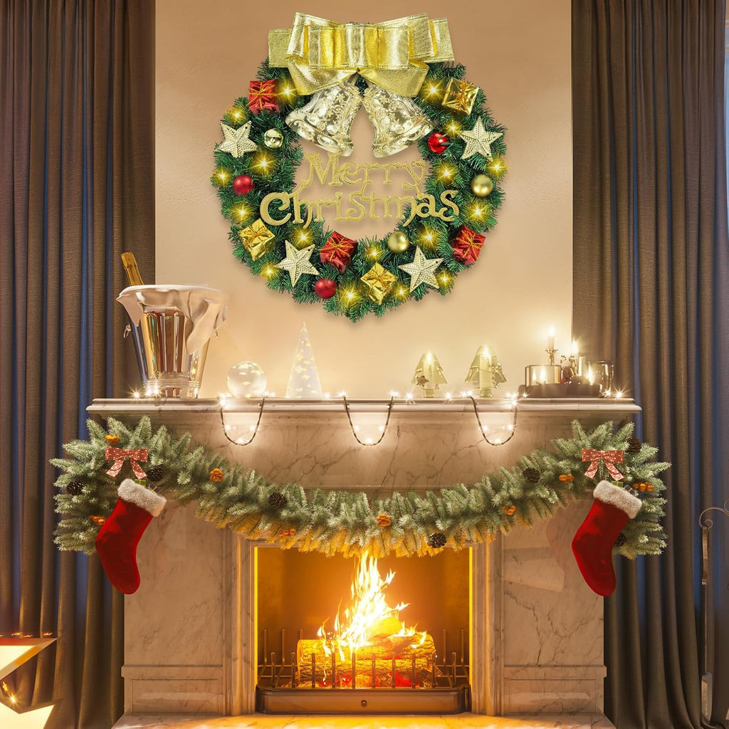 Ghirlanda Natalizia of 30 cm, Ghirlanda Natalizia per Porta with a Golden Bow, Two Golden Bells, Four Bright Five Pointed Stars and 30 Warm White LED Lights