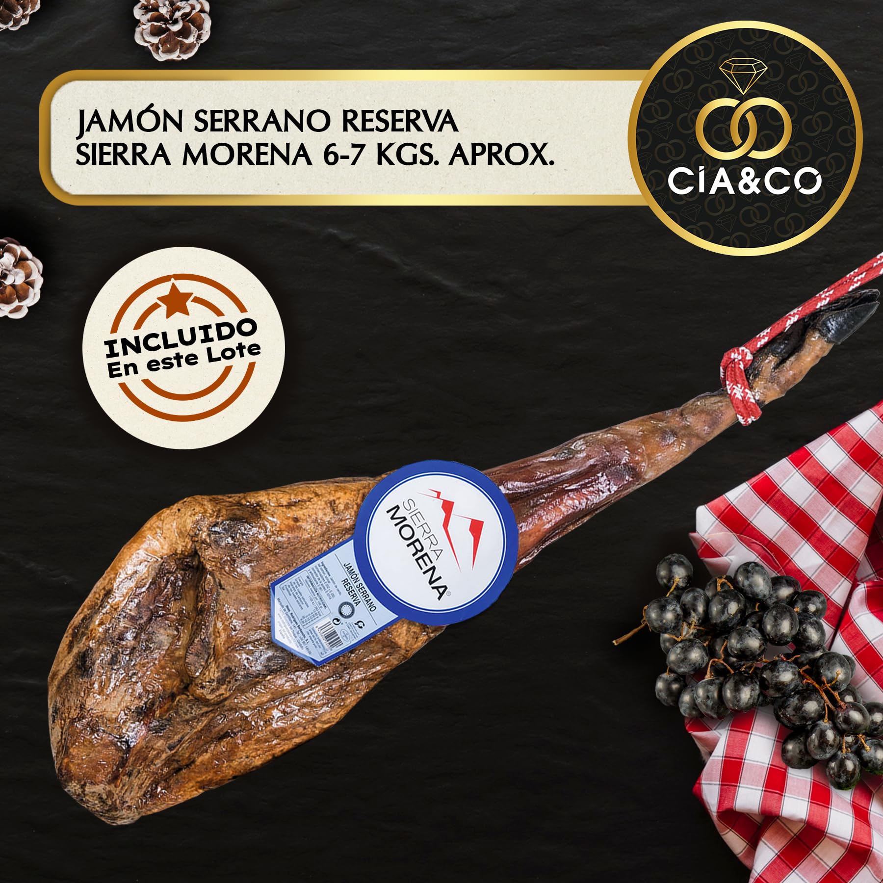 Christmas Basket with Gourmet Ham 2025 (Lot 217) · With Red and White Wine Rioja, Cava, Gin, Beer, Sweets and Iberian · Includes Customizable Card · Ideal Corporate or Family Gift