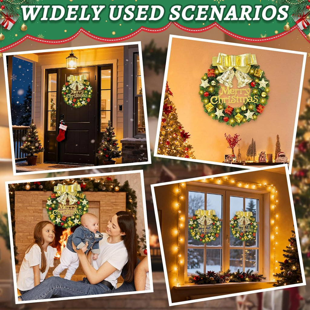 Ghirlanda Natalizia of 30 cm, Ghirlanda Natalizia per Porta with a Golden Bow, Two Golden Bells, Four Bright Five Pointed Stars and 30 Warm White LED Lights