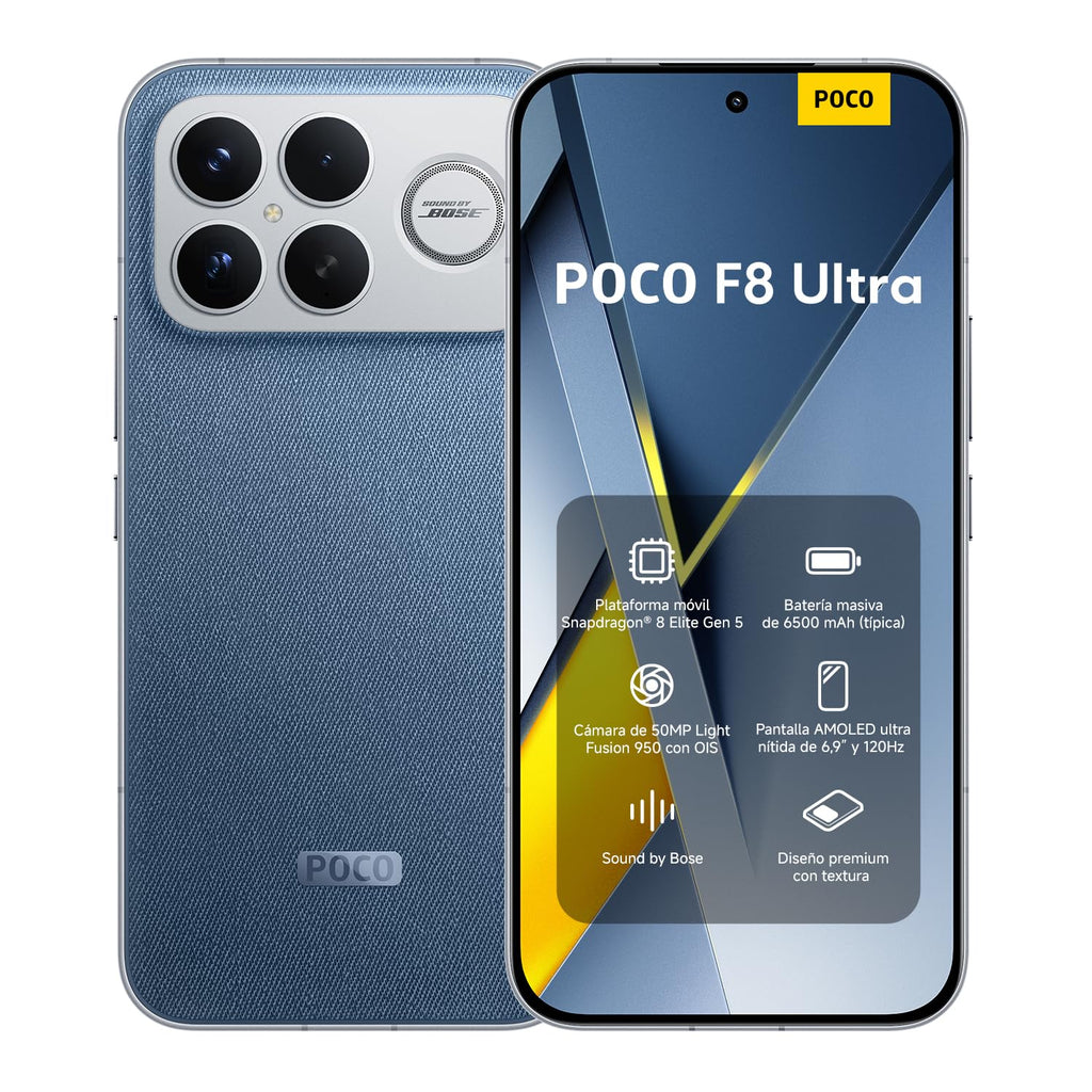 XIAOMI POCO F8 Pro - Smartphone de 12+256GB, Triple cámara de 50MP con OIS, Pantalla AMOLED de 6,59” 120Hz, Snapdragon 8 Elite, Hypercharge 100W, Cargador no Incluido, Azul (Versión ES)