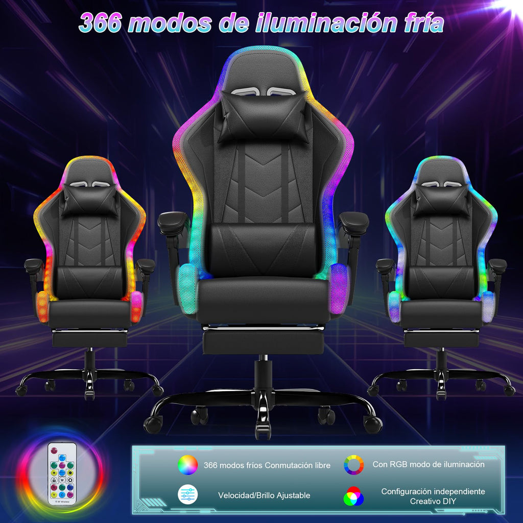Devoko Cadeira de jogos com massajador e LED, cadeira de escritório ergonómica com apoio para os pés, cadeiras de jogos para escritório e jogos com iluminação RGB(branco)