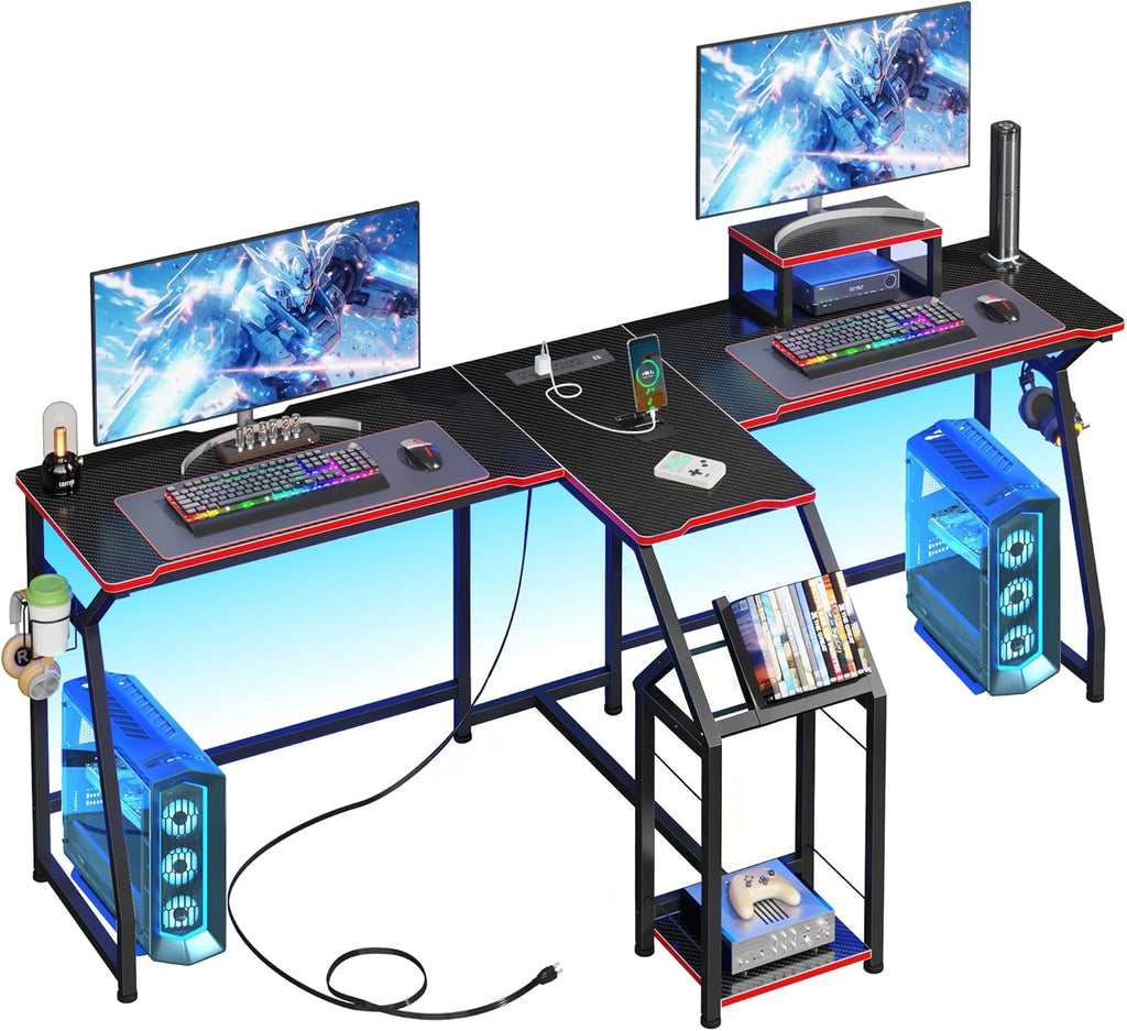 2 Person Computer Desk with Power Strip, Gaming Desk with LED Lights, Storage Rack, Long Double Desk with Monitor Shelf for Home Office, Black&Red Carbon Fiber, 80.8" W