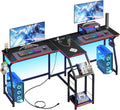 2 Person Computer Desk with Power Strip, Gaming Desk with LED Lights, Storage Rack, Long Double Desk with Monitor Shelf for Home Office, Black&Red Carbon Fiber, 80.8" W