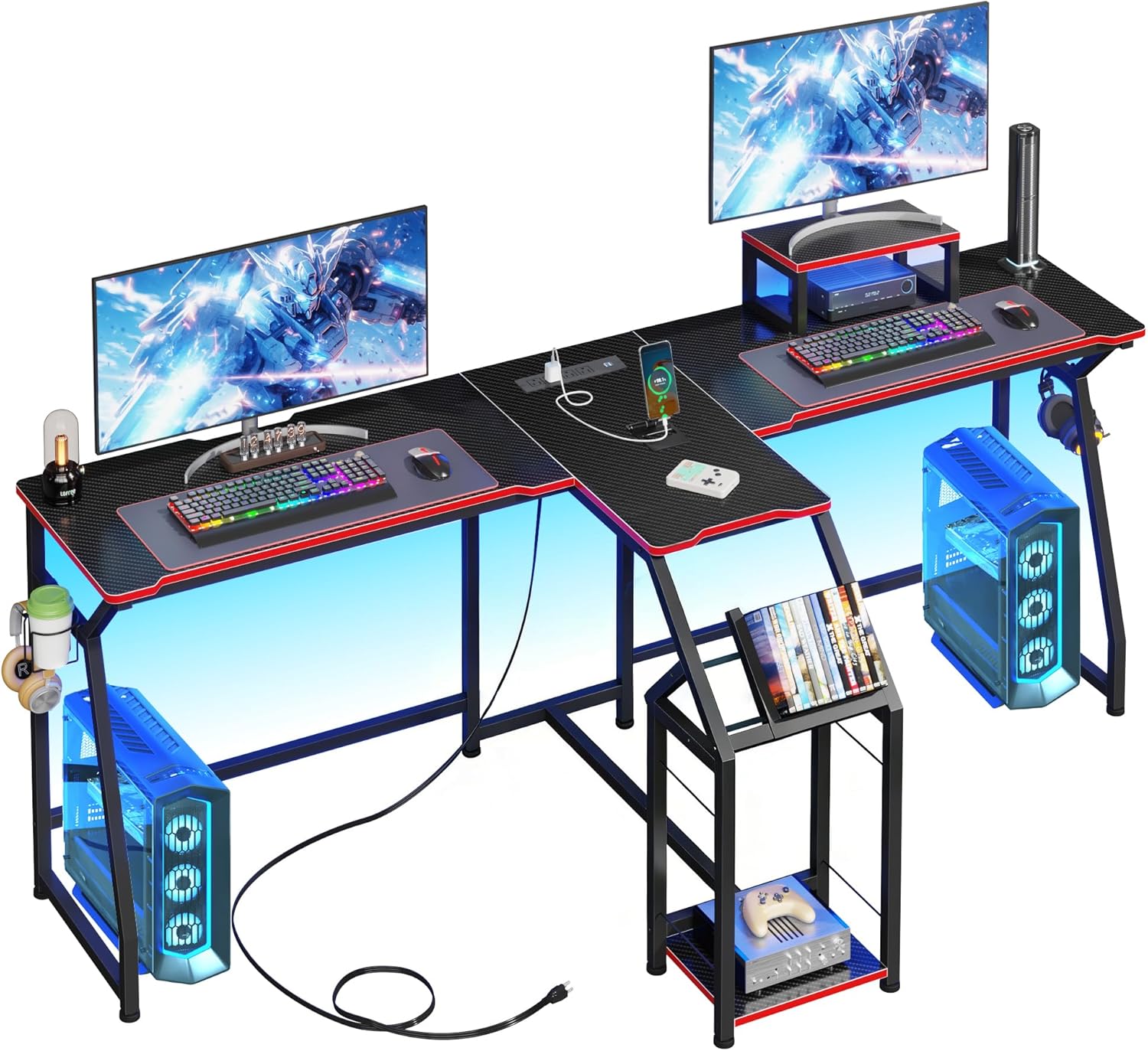 2 Person Computer Desk with Power Strip, Gaming Desk with LED Lights, Storage Rack, Long Double Desk with Monitor Shelf for Home Office, Black&Red Carbon Fiber, 80.8" W