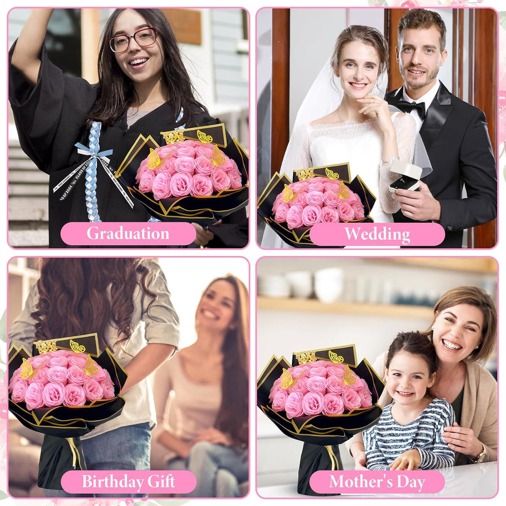 Dremisland Ramo de rosas com purpurinas rosa 26 peças flores artificiais ramo de rosas falsas com haste longa flores falsas para noiva casamento e compromissos casa jardim centros de mesa decoração