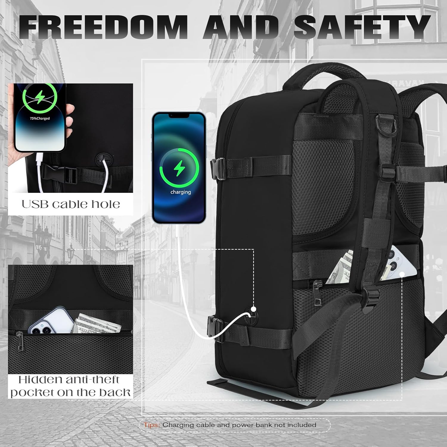 Mochila viagem cabine avion 40 x 20 x 25, mochila Ryanair 40 x 20 x 25, mochila de cabine de baixo assento bolsa de viagem impermeável bagagem de mão com fivela de peito e bolsa anti-roubo,