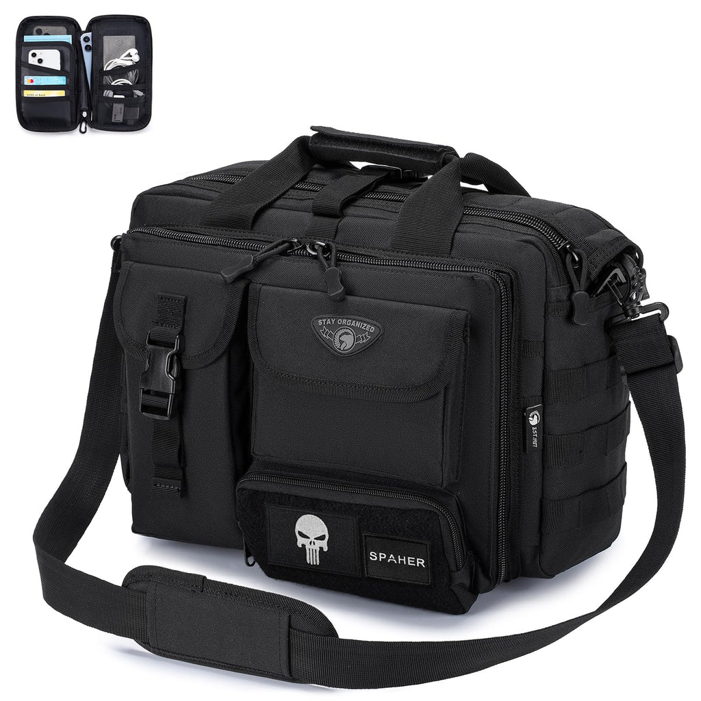 SPAHER Pasta trabalho homem mala de ombro militar tática para computador portátil 14/15,6/17 polegadas porta-documentos mala presente, L-15,6/17" - preto-modelo melhorado, Negócios
