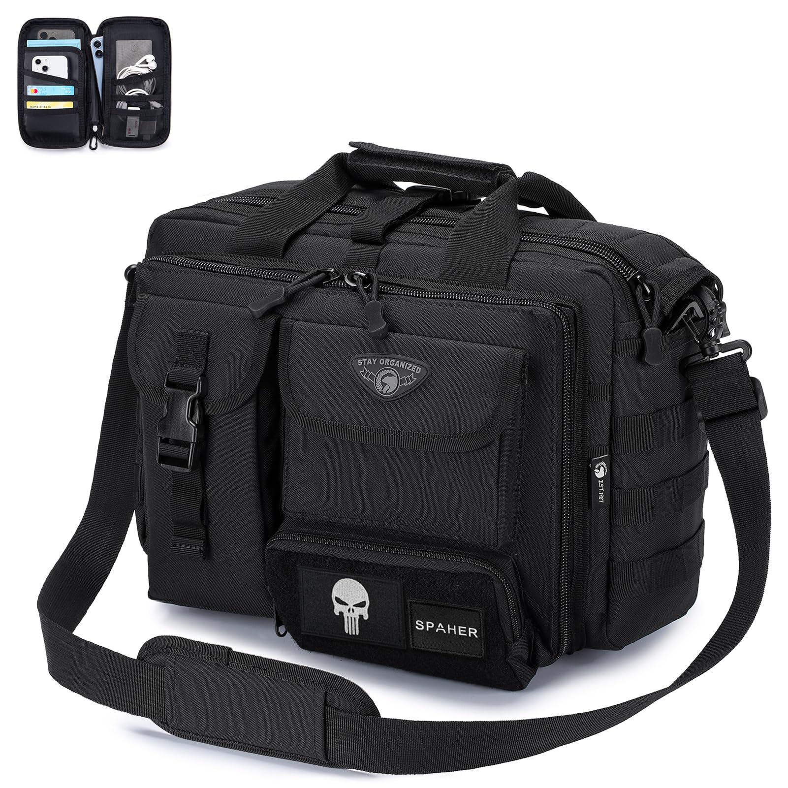 SPAHER Pasta trabalho homem mala de ombro militar tática para computador portátil 14/15,6/17 polegadas porta-documentos mala presente, L-15,6/17" - preto-modelo melhorado, Negócios