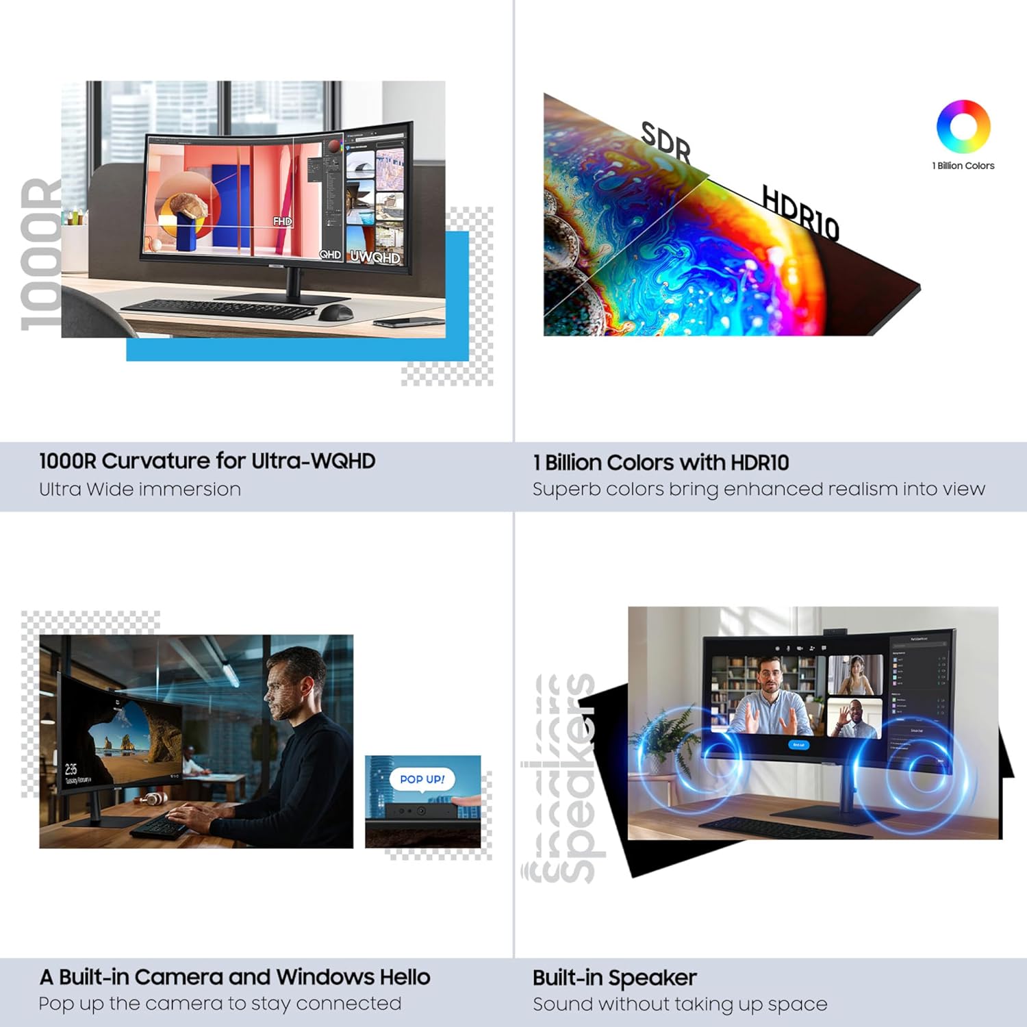 Samsung 34-Inch ViewFinity S65VC Series Ultra-WQHD Curved Computer Monitor, 100Hz, AMD FreeSync, HDR10, USB-C, Built-in Speaker, Camera, KVM Switch, Eye Care, Eco-Packaging, LS34C650VANXGO, Black