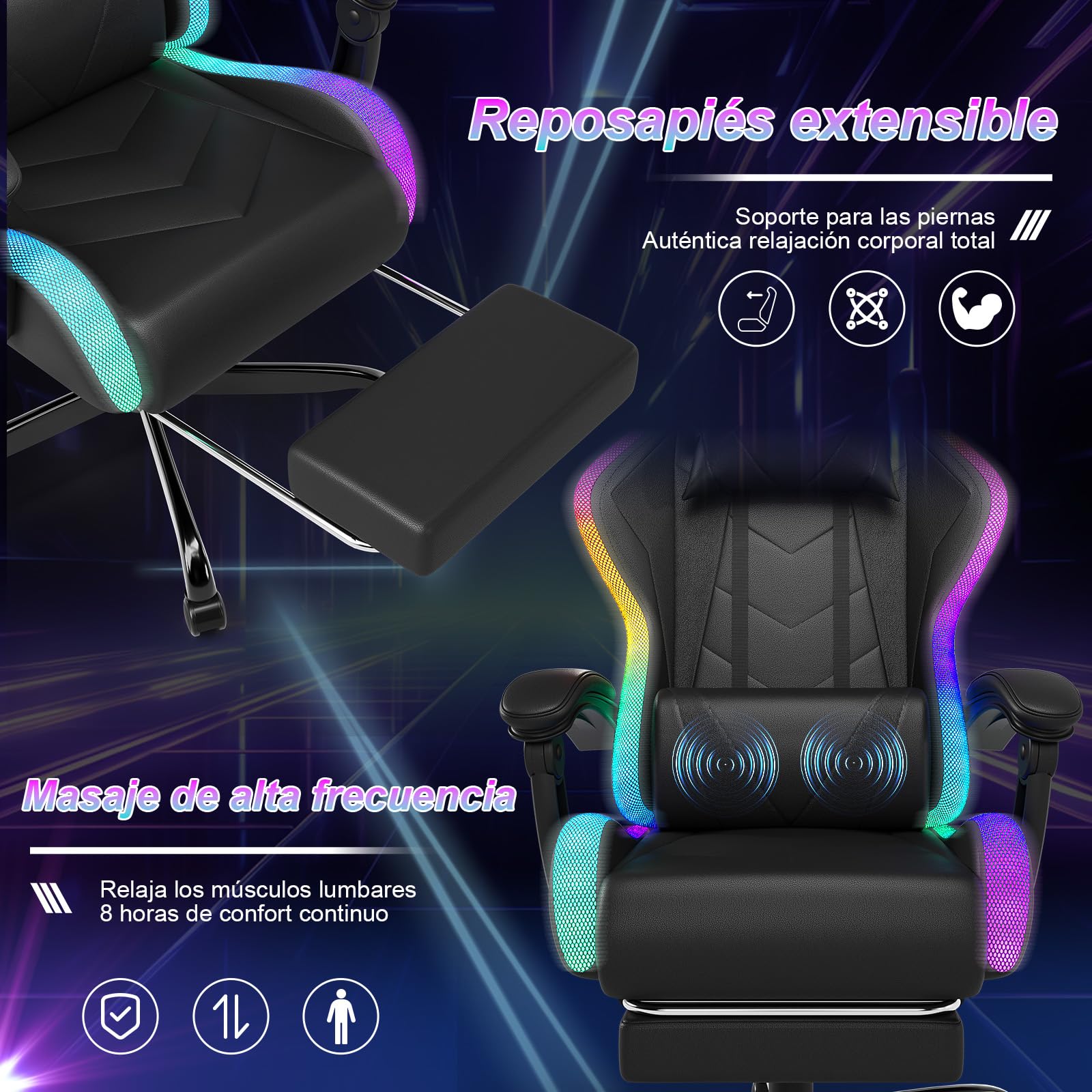 Devoko Cadeira de jogos com massajador e LED, cadeira de escritório ergonómica com apoio para os pés, cadeiras de jogos para escritório e jogos com iluminação RGB(branco)