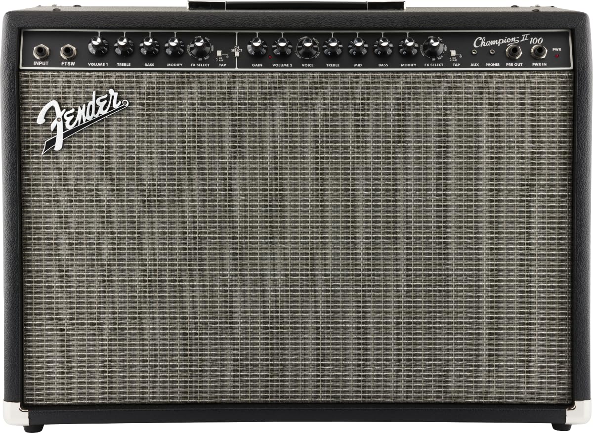 Fender Champion II 25, Amplificador Combo para Guitarra, 25W, Adaptado para Guitarra Eléctrica, Más Potencia, Efectos y Modelos de Amplificador Mejorados, Negro/Plata