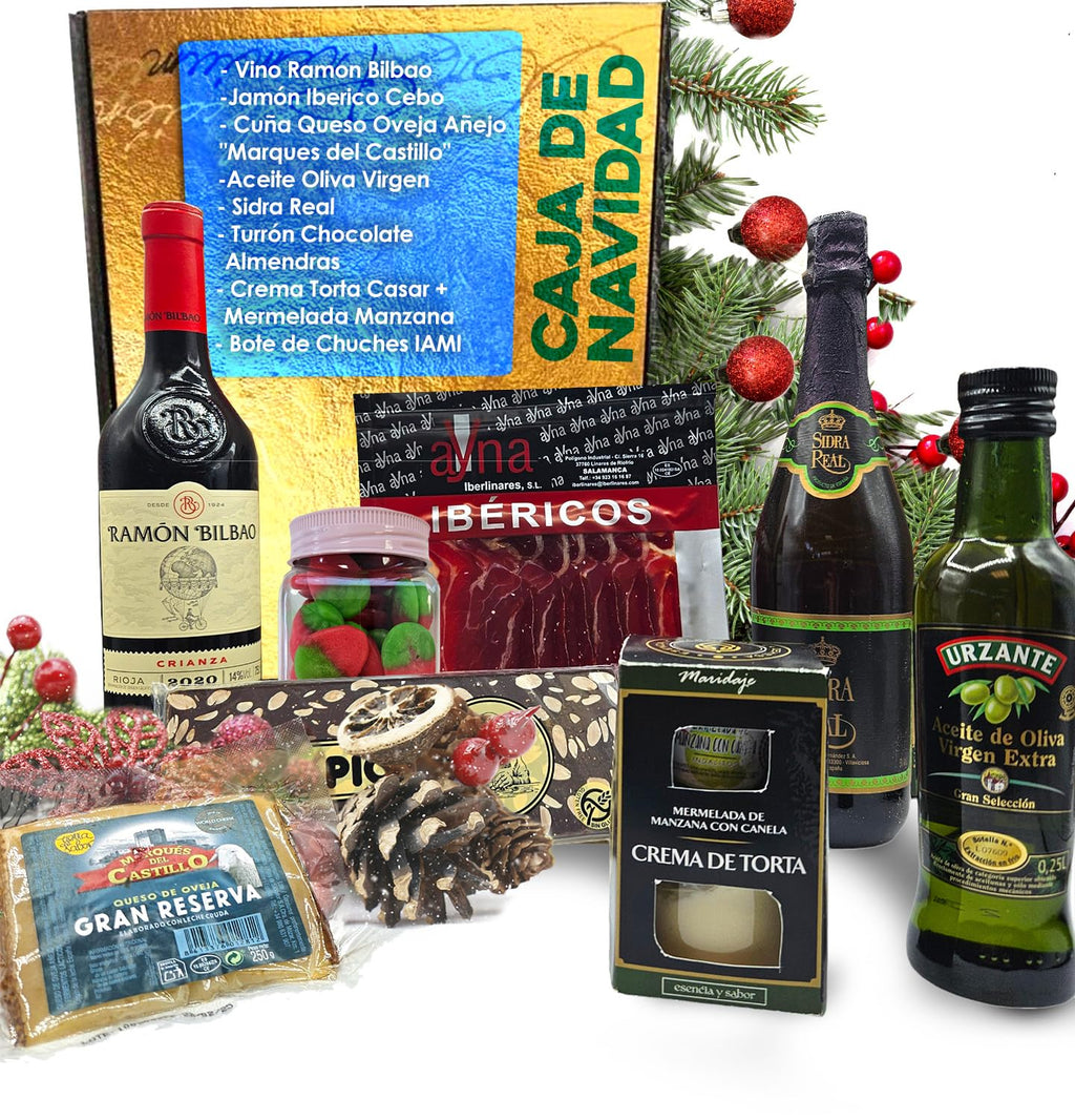 Cesto Gourmet para oferecer M | Perfeita como presente cesta de Natal para empresas, presunto ibérico de isca vinho tempranillo creme de morcela e creme de sobretudo par par PX pack polvones e balões