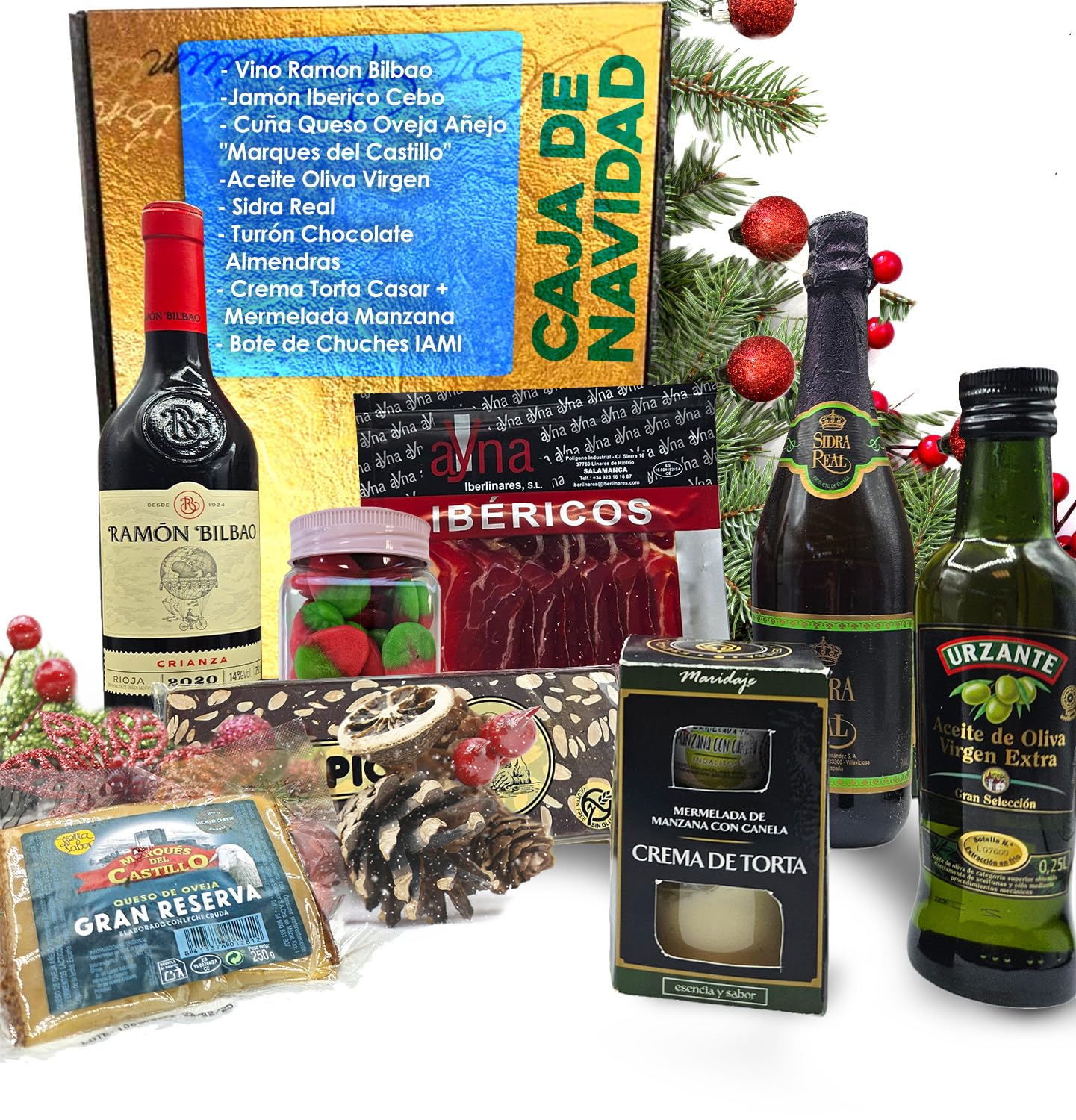 Cesto Gourmet para oferecer M | Perfeita como presente cesta de Natal para empresas, presunto ibérico de isca vinho tempranillo creme de morcela e creme de sobretudo par par PX pack polvones e balões