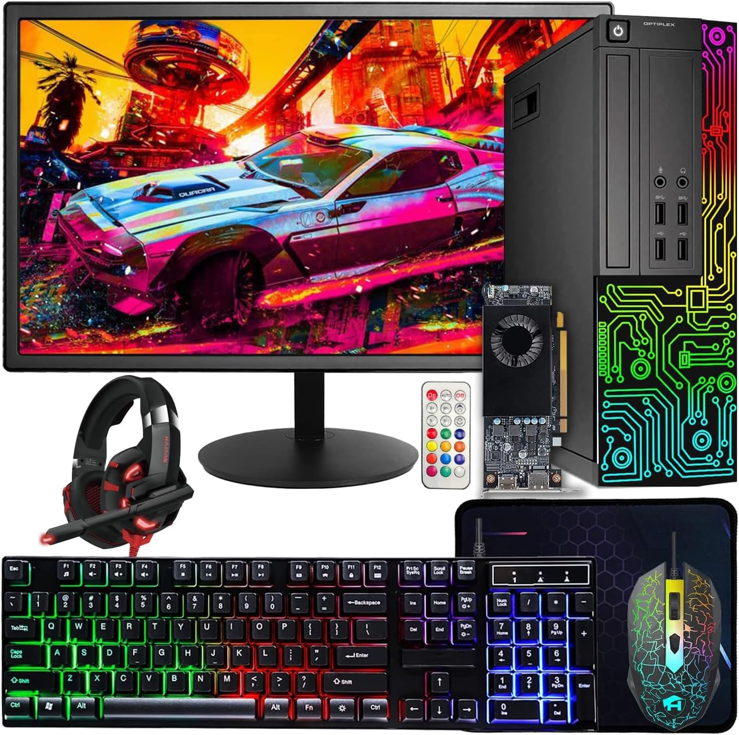 Dell Gaming OptiPlex Desktop RGB Computer PC, Intel Core i7, GeForce GT 1030 2GB GDDR5, 16GB RAM, 512GB SSD, 24 Inch HDMI Monitor, Keyboard Mouse and Headset, WiFi, W11 Pro (Renewed)