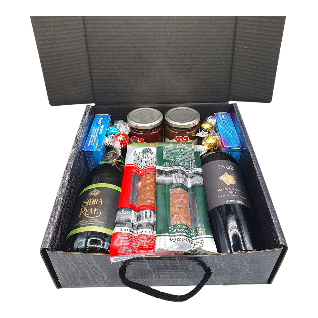 Cesto Gourmet para oferecer M | Perfeita como presente cesta de Natal para empresas, presunto ibérico de isca vinho tempranillo creme de morcela e creme de sobretudo par par PX pack polvones e balões