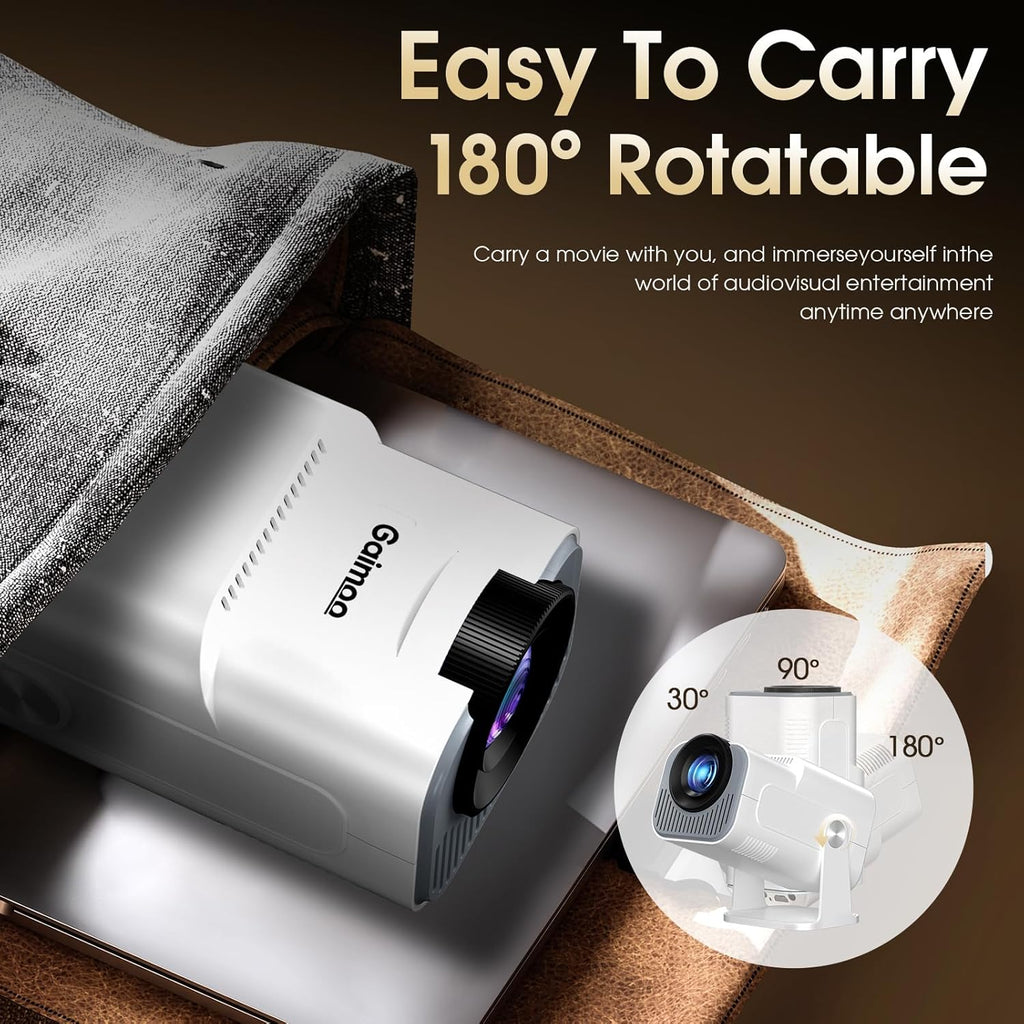 [App integrado] 2025 atualizado projetor portátil 1920 x 1080P 4K supote videoprojetor duplo controlo TV WiFi 6 BT5.2 180° rotação HDMI/TV Stick/USB/PS5/Laptop, com cabo HDMI e rato Black Banco