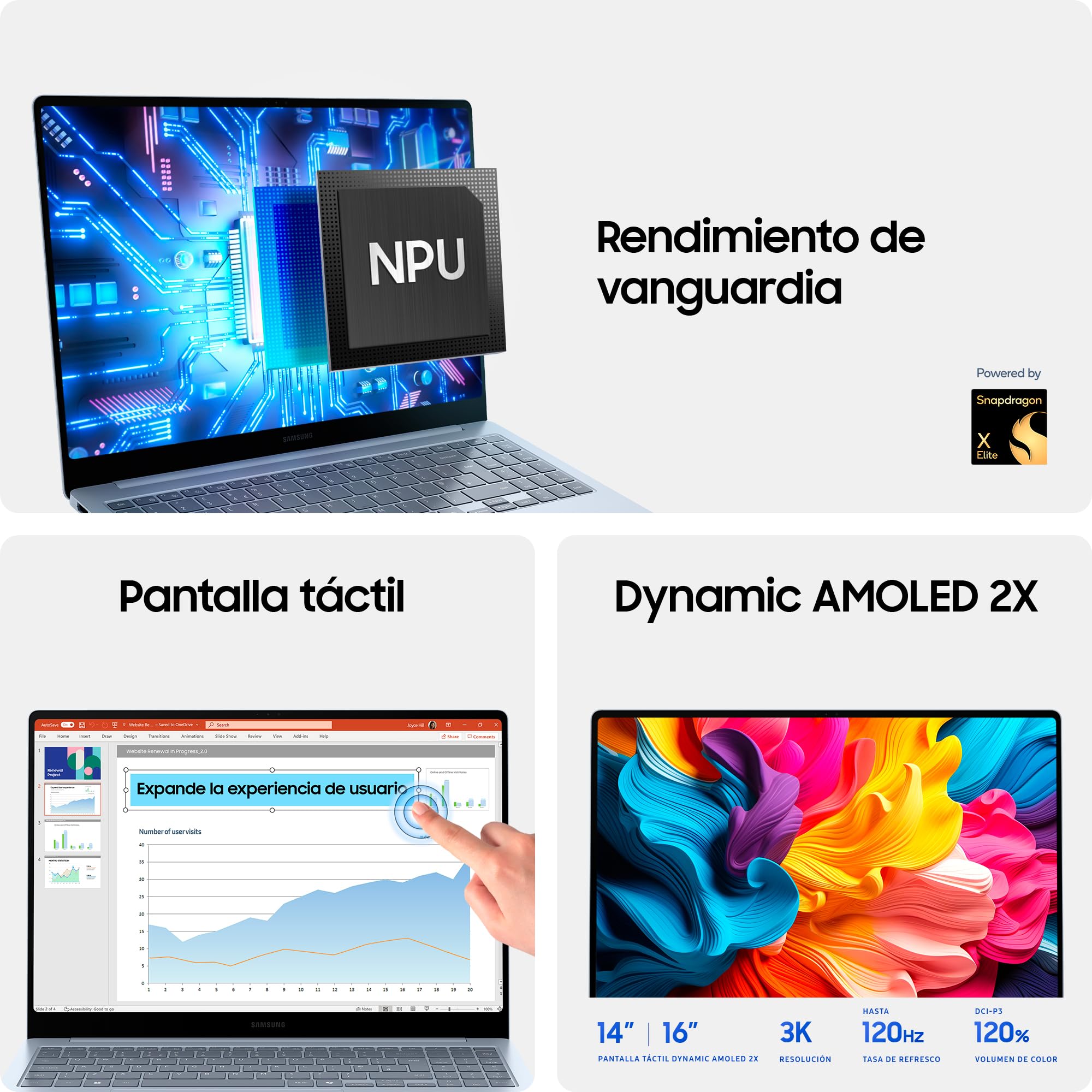 Samsung Galaxy Book4 Edge, computador portátil IA Copilot+, PC HDR de 16", Snapdragon X Elite X1E-84-100, 16GM RAM, 1TB SSD, Qualcomm Adreno GPU, Windows 11 Home, azul, teclado QWERTY espanhol
