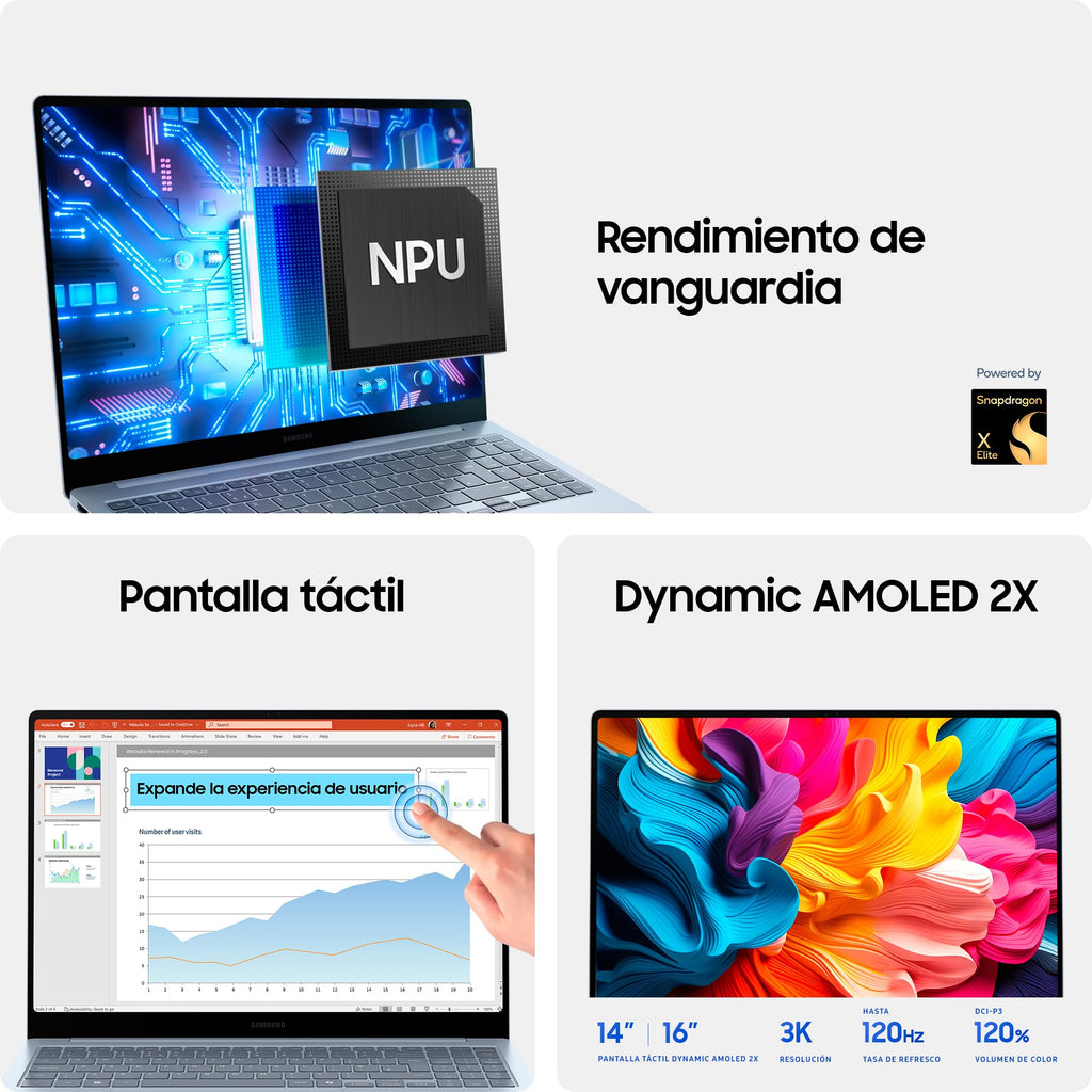 Samsung Galaxy Book4 Edge, computador portátil IA Copilot+, PC HDR de 16", Snapdragon X Elite X1E-84-100, 16GM RAM, 1TB SSD, Qualcomm Adreno GPU, Windows 11 Home, azul, teclado QWERTY espanhol