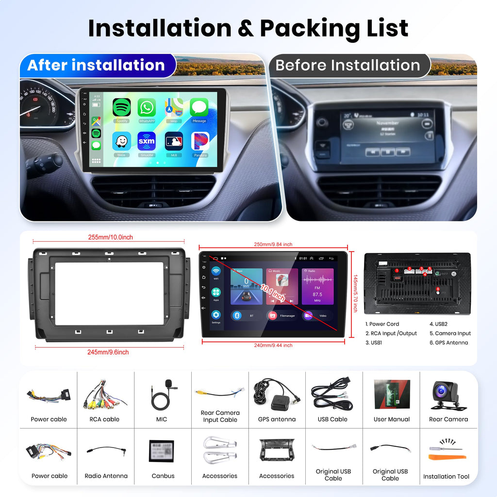 2G+64G Wireless Carplay Android 13 Car Radio 2 Din for Peugeot 2008 208 2012-2018 with Android Auto GPS Navi WiFi 10.1 Inch Car Radio with Bluetooth FM/RDS Radio USB/EQ/SWC Rear Camera