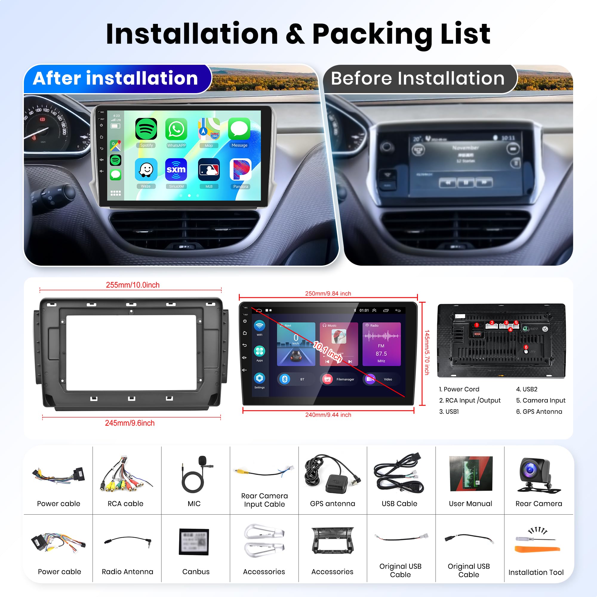 2G+64G Wireless Carplay Android 13 Car Radio 2 Din for Peugeot 2008 208 2012-2018 with Android Auto GPS Navi WiFi 10.1 Inch Car Radio with Bluetooth FM/RDS Radio USB/EQ/SWC Rear Camera
