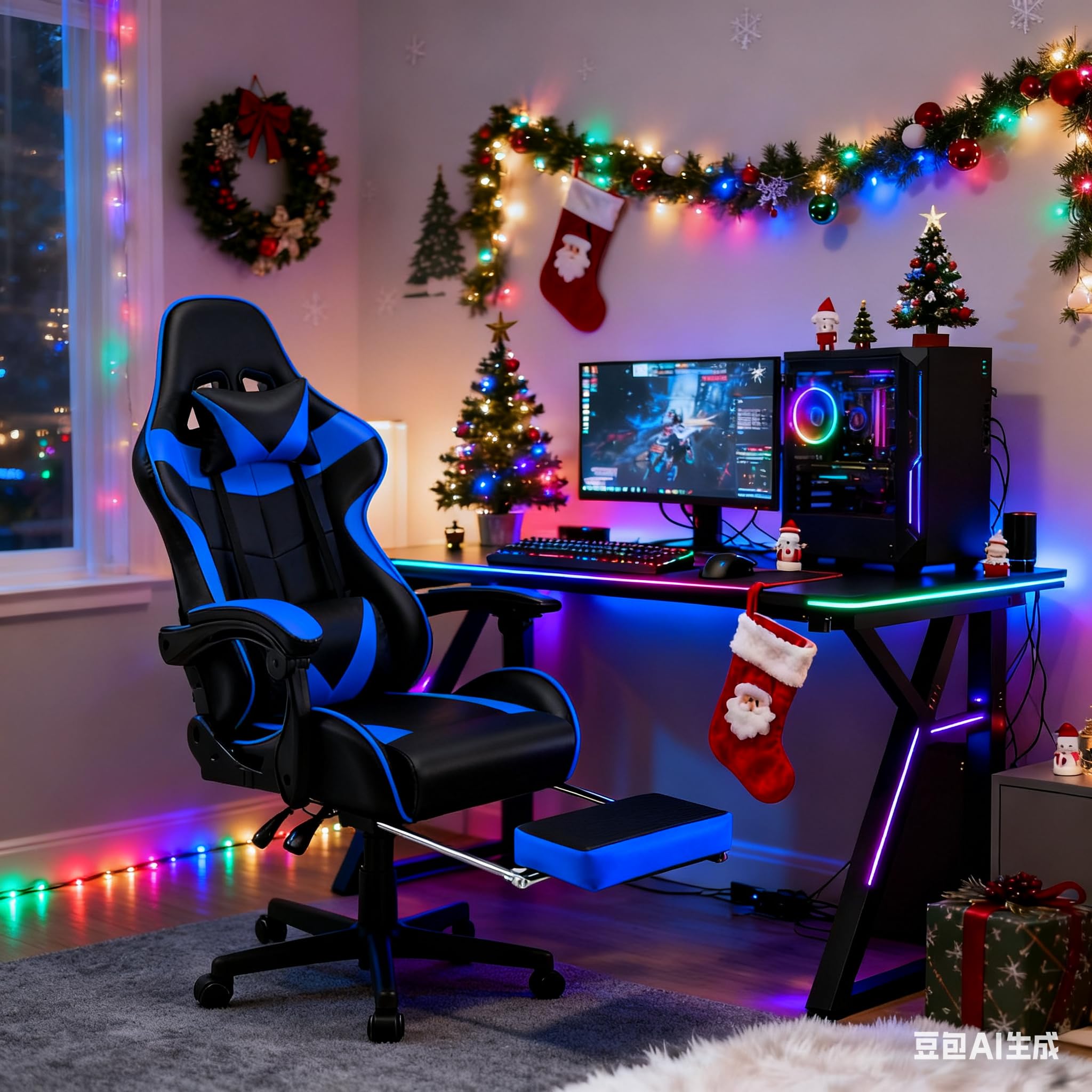 Silla gamer Soontrans con masajeador, reposapiés y reposacabezas, ergonómica, cojín de masaje lumbar, transmisión en vivo de YouTube y PlayStation (azul) 