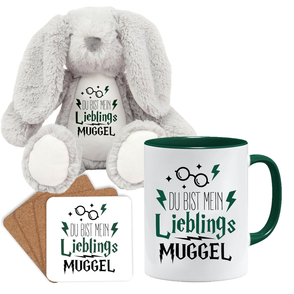 Jungle Mug Caneca de presente divertida com frase | Du bist mein lieblings Mugggel | ideia de presente | ideia de presente para amigo (Teddy, caneca e conjunto de porta-copos (amarelo))
