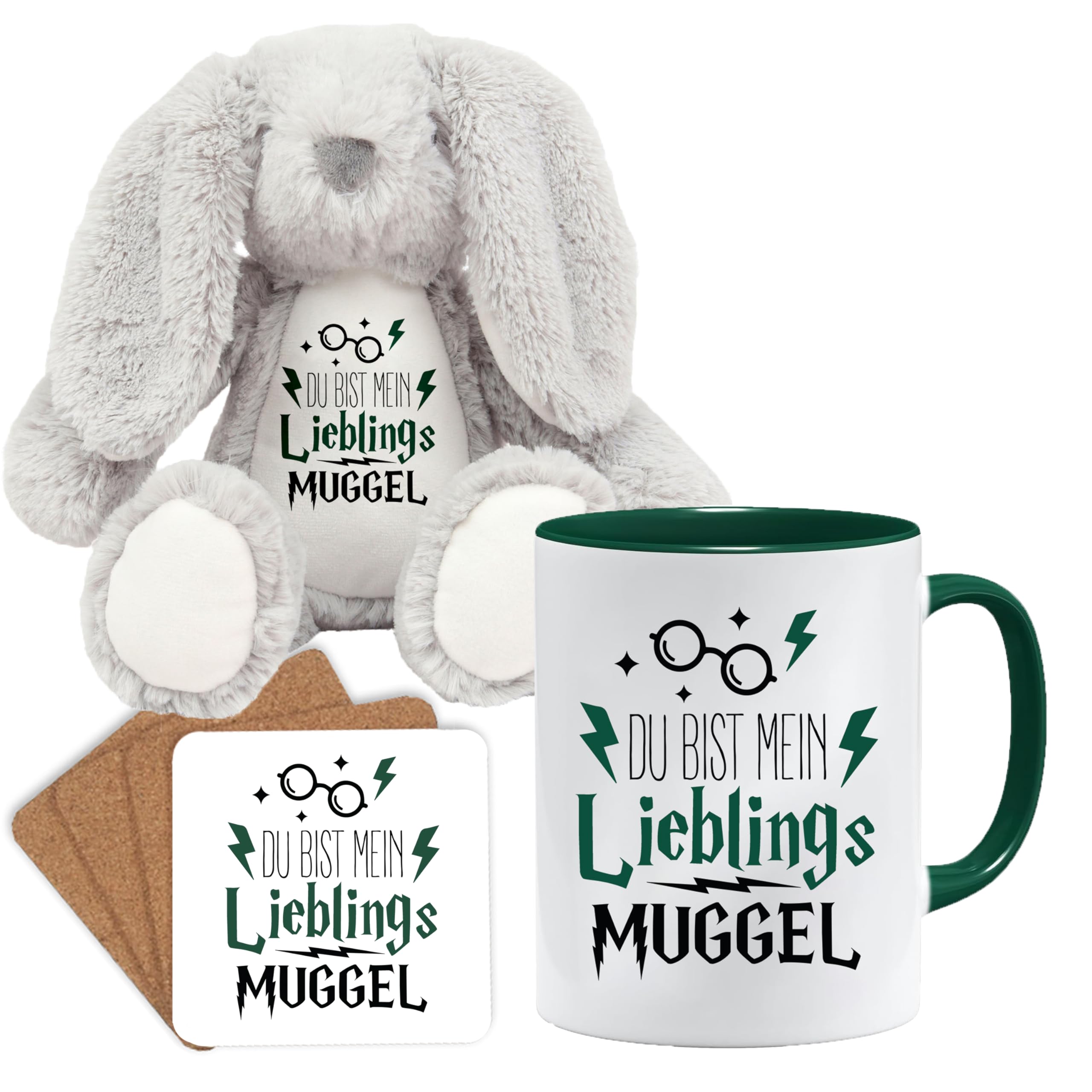 Jungle Mug Caneca de presente divertida com frase | Du bist mein lieblings Mugggel | ideia de presente | ideia de presente para amigo (Teddy, caneca e conjunto de porta-copos (amarelo))