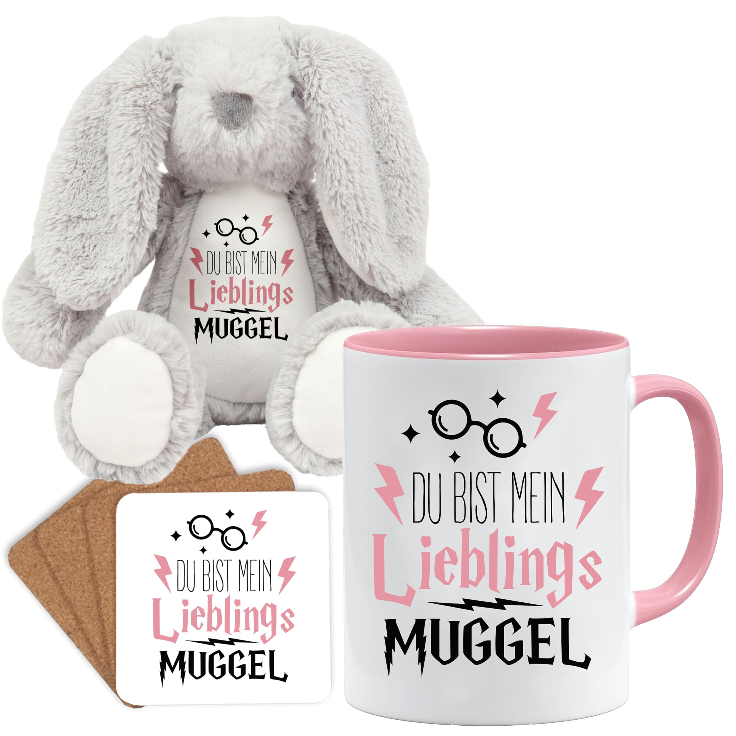 Jungle Mug Caneca de presente divertida com frase | Du bist mein lieblings Mugggel | ideia de presente | ideia de presente para amigo (Teddy, caneca e conjunto de porta-copos (amarelo))