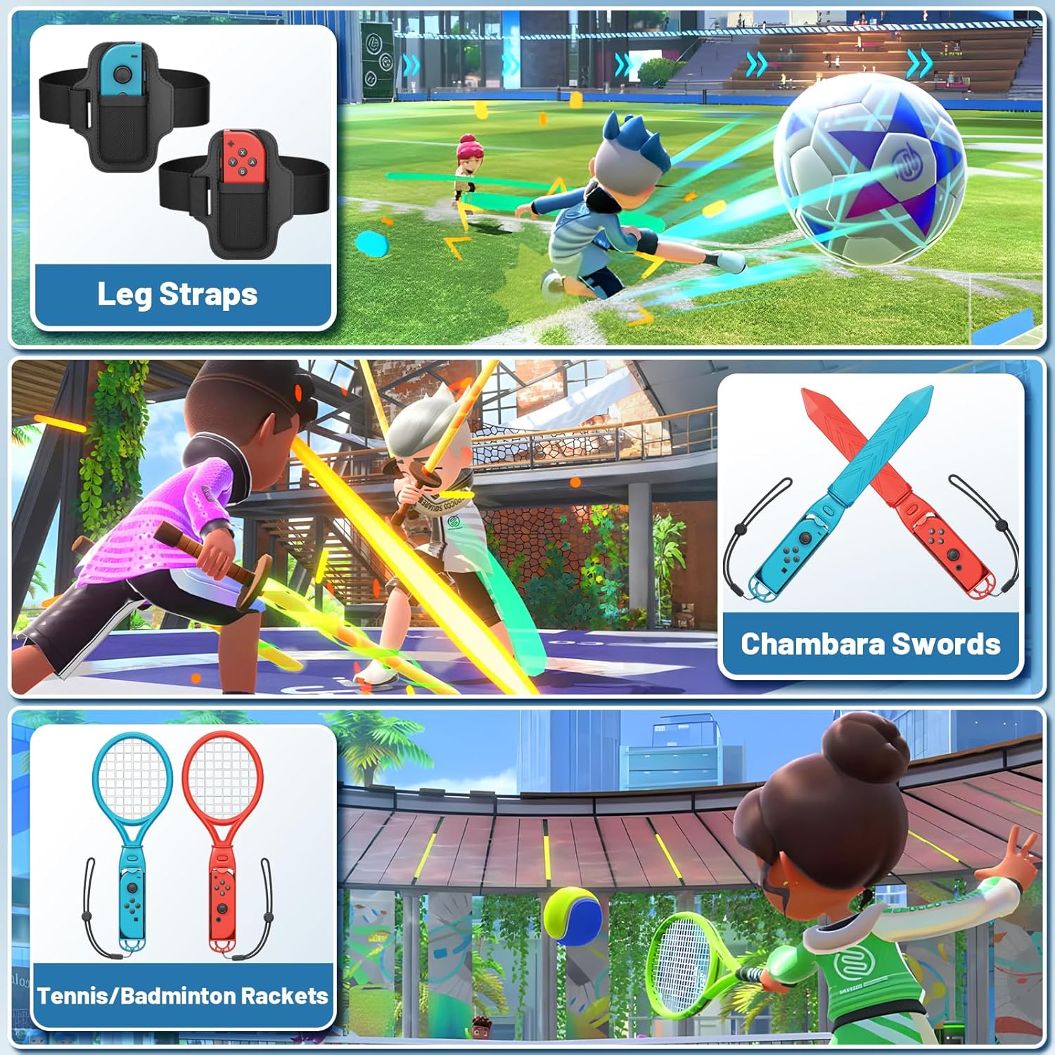 Deruitu 15 en 1 Switch Sports Accesorios Bundle Set para Nintendo Switch/ Juegos OLED, Switch Sports Juegos Accesorios Kit, Family Party Pack Juegos Accesorios Set para Switch OLED Juegos Deportivos