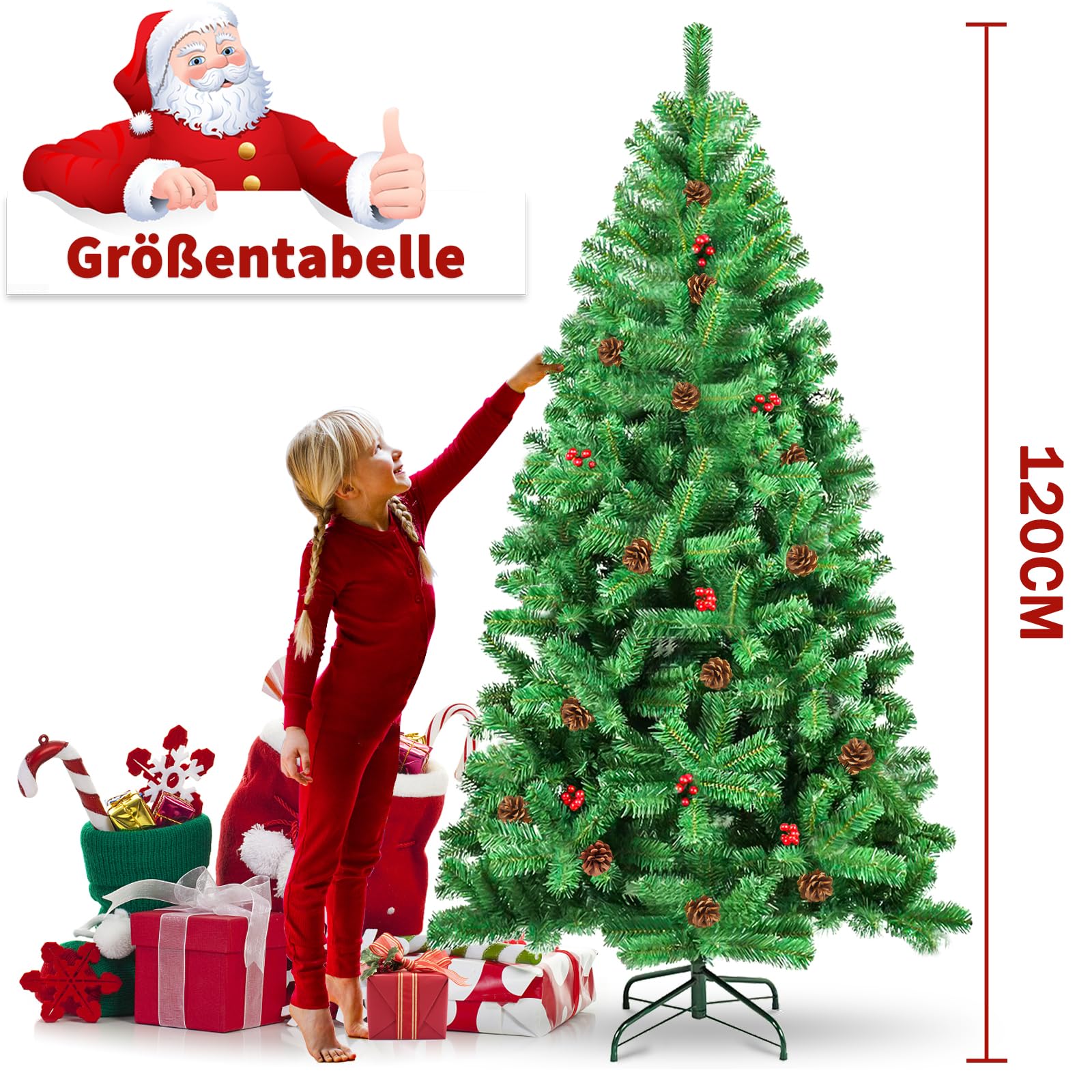 Árbol de Navidad de 180 cm - Abeto artificial robusto - Hojas, ligero y fácil de montar - Árbol de Navidad exuberante con base de metal y 800 piñones decorativos 