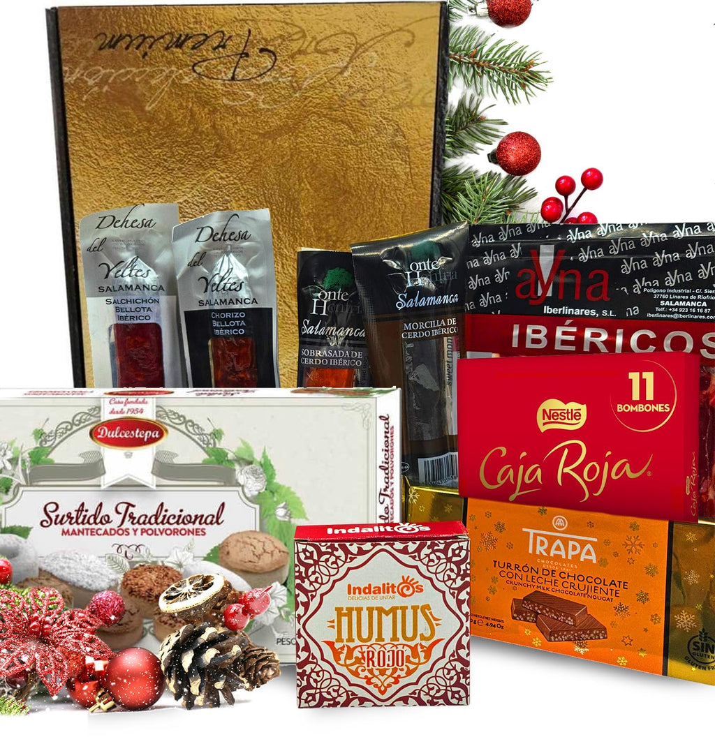 Cesto Gourmet para oferecer M | Perfeita como presente cesta de Natal para empresas, presunto ibérico de isca vinho tempranillo creme de morcela e creme de sobretudo par par PX pack polvones e balões