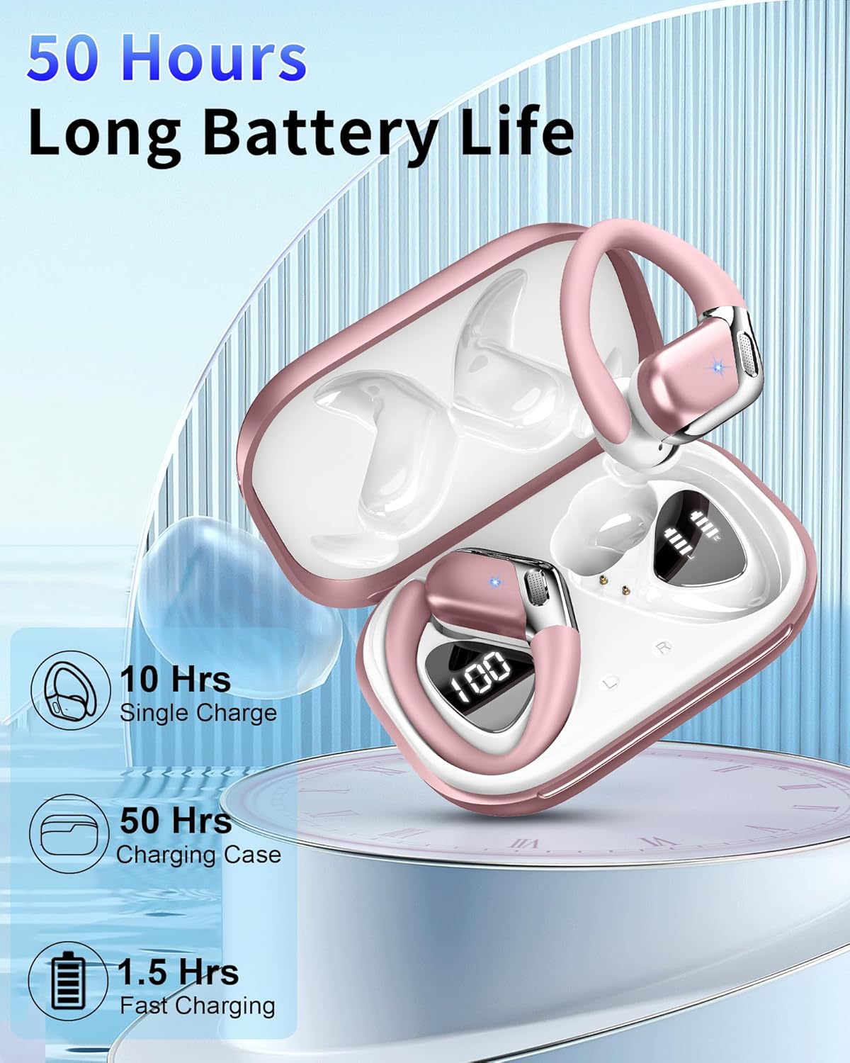 Bluetooth Headphones, Bluetooth 5.4 Sport Headphones, 50 Hours Wireless Headphones In Ear Noise Cancelling ENC and 4 HD Mic, IP7 Waterproof Without