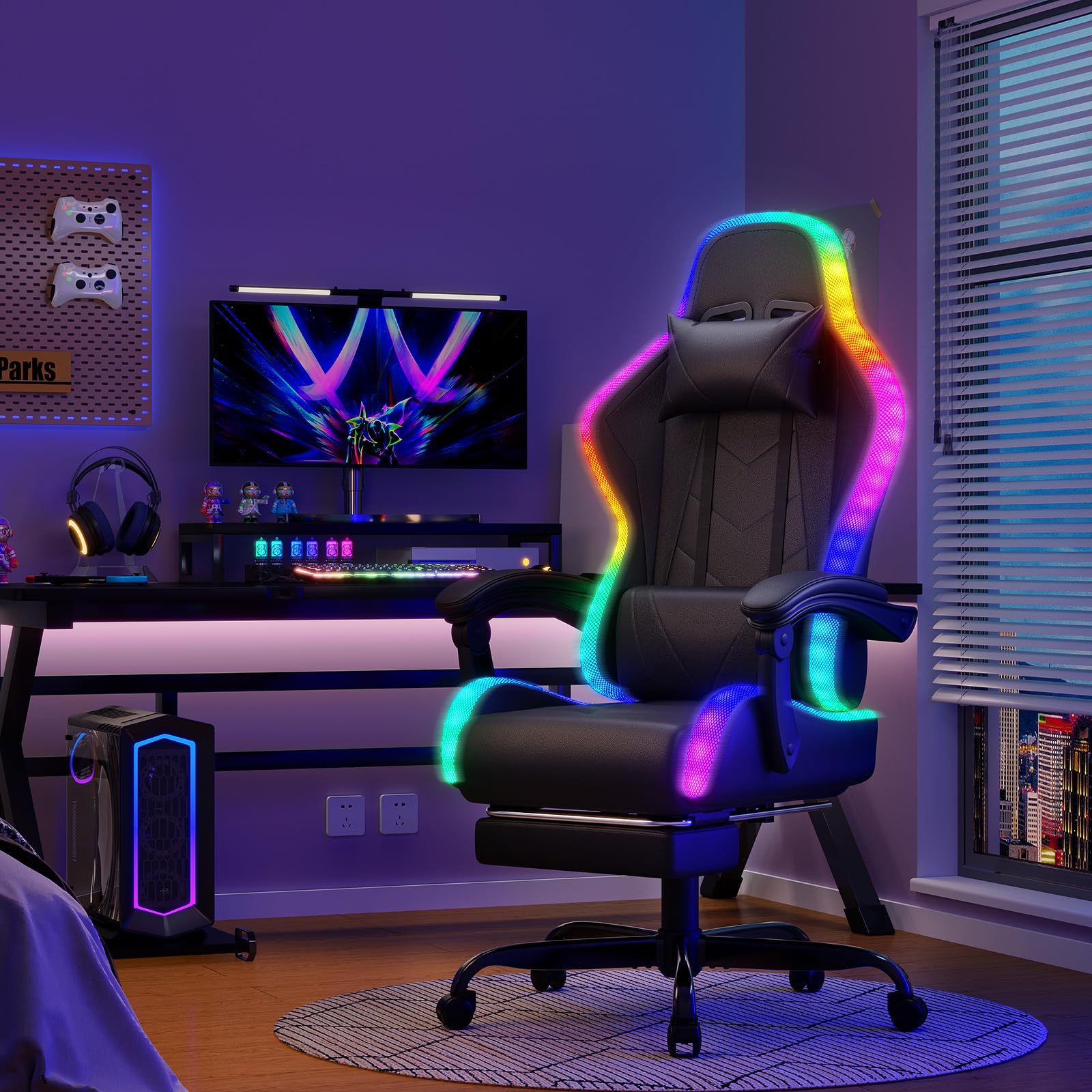 Devoko Cadeira de jogos com massajador e LED, cadeira de escritório ergonómica com apoio para os pés, cadeiras de jogos para escritório e jogos com iluminação RGB(branco)