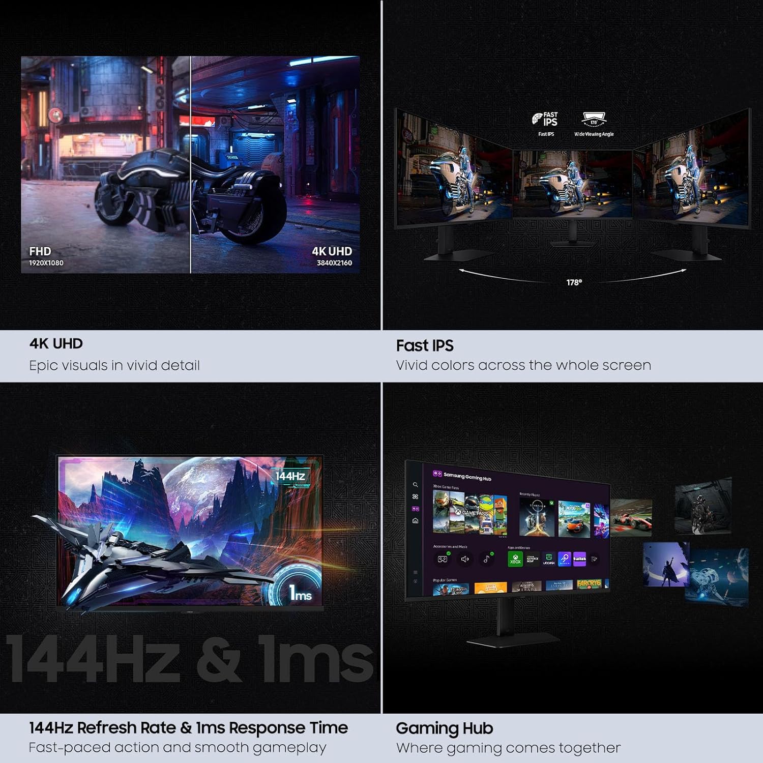 Samsung 32” Odyssey G7 (G70D) 4K UHD IPS 144Hz 1ms(GtG) Smart Gaming Monitor, G-Sync Compatible, AMD Freesync Premium, Vivid Colors, Adjustable Stand, Black Equalizer, LS32DG702ENXZA