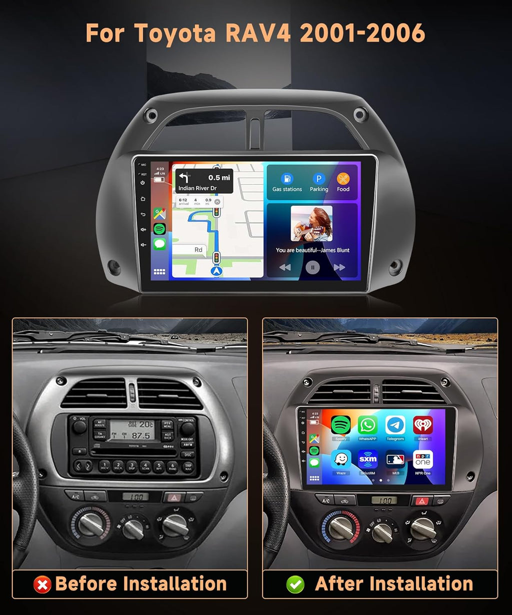 6G+128G 8 Core Wireless Carplay Android Car Radio for Toyota RAV4 2001-2006 9 Inch Screen Car Radio with Android Auto Navi GPS WiFi Mirror Link Bluetooth FM/RDS/DSP/SWC Rear Camera