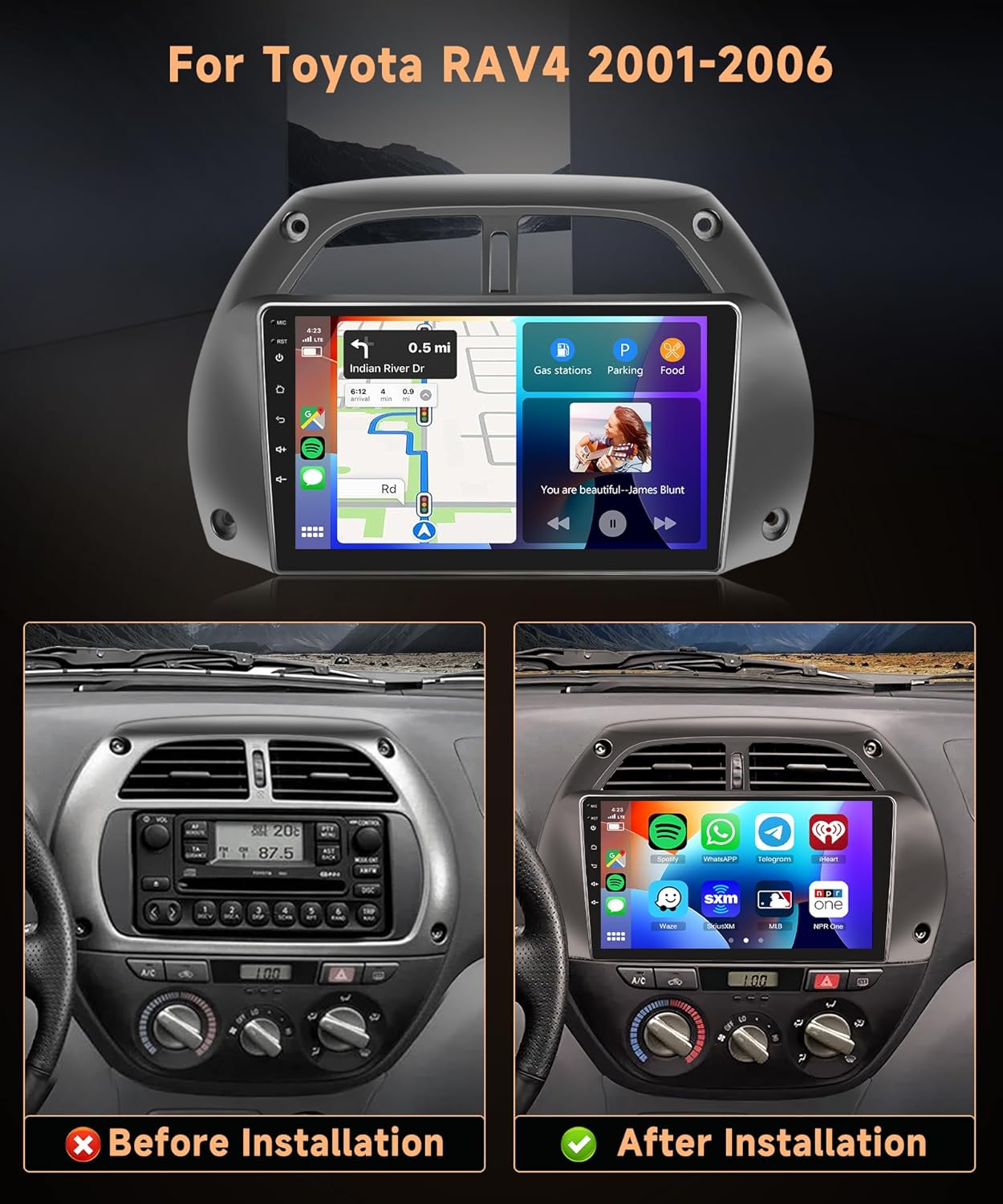 6G+128G 8 Core Wireless Carplay Android Car Radio for Toyota RAV4 2001-2006 9 Inch Screen Car Radio with Android Auto Navi GPS WiFi Mirror Link Bluetooth FM/RDS/DSP/SWC Rear Camera