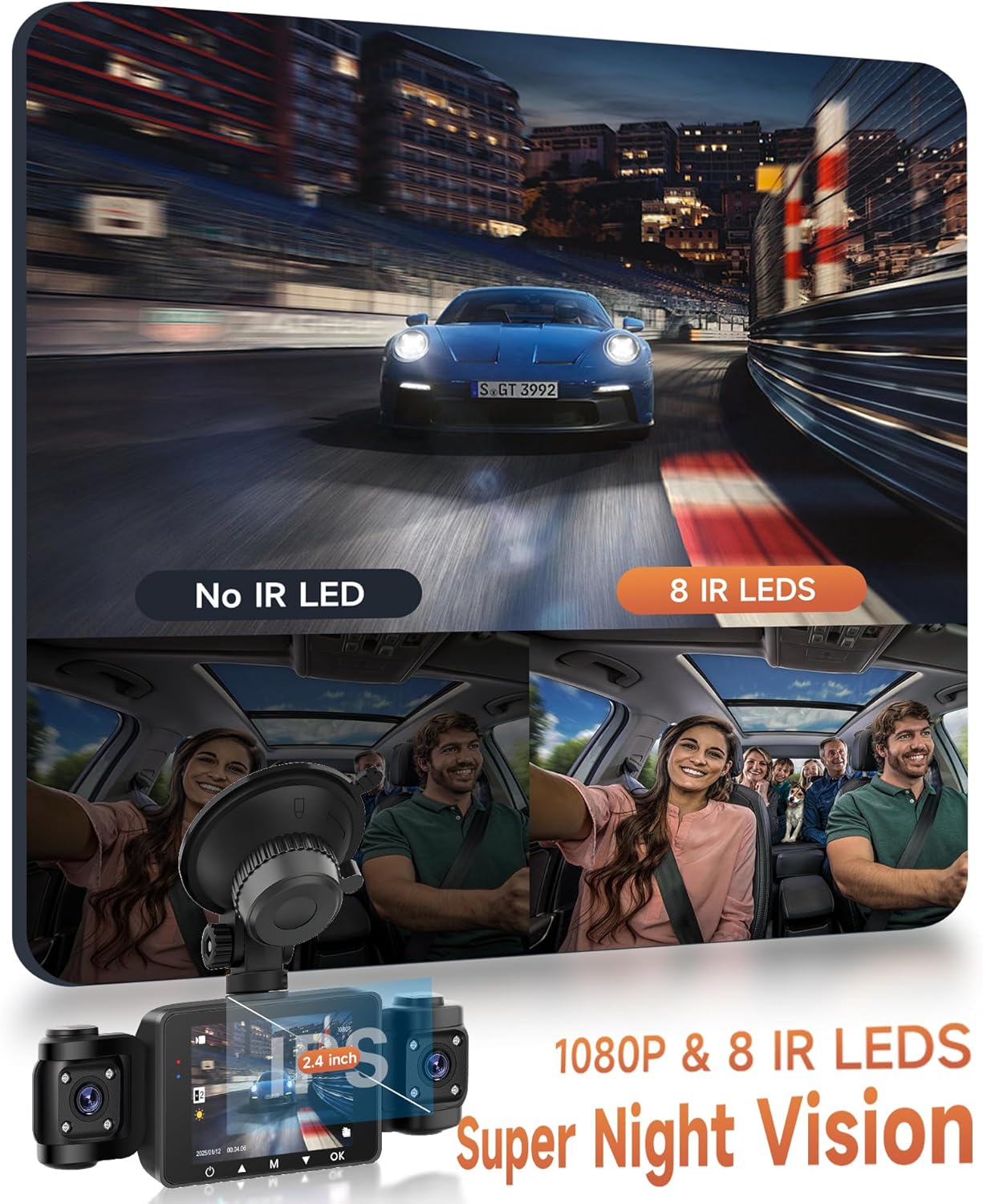 1080P Car Dashcam 4 Channel 360°, 4 Front and Rear Left Right, 2.4 Inch 1080P Dash Cam with 64GB Card Night Vision IR/Loop Video/24H Monitor/G-Sensor Parking