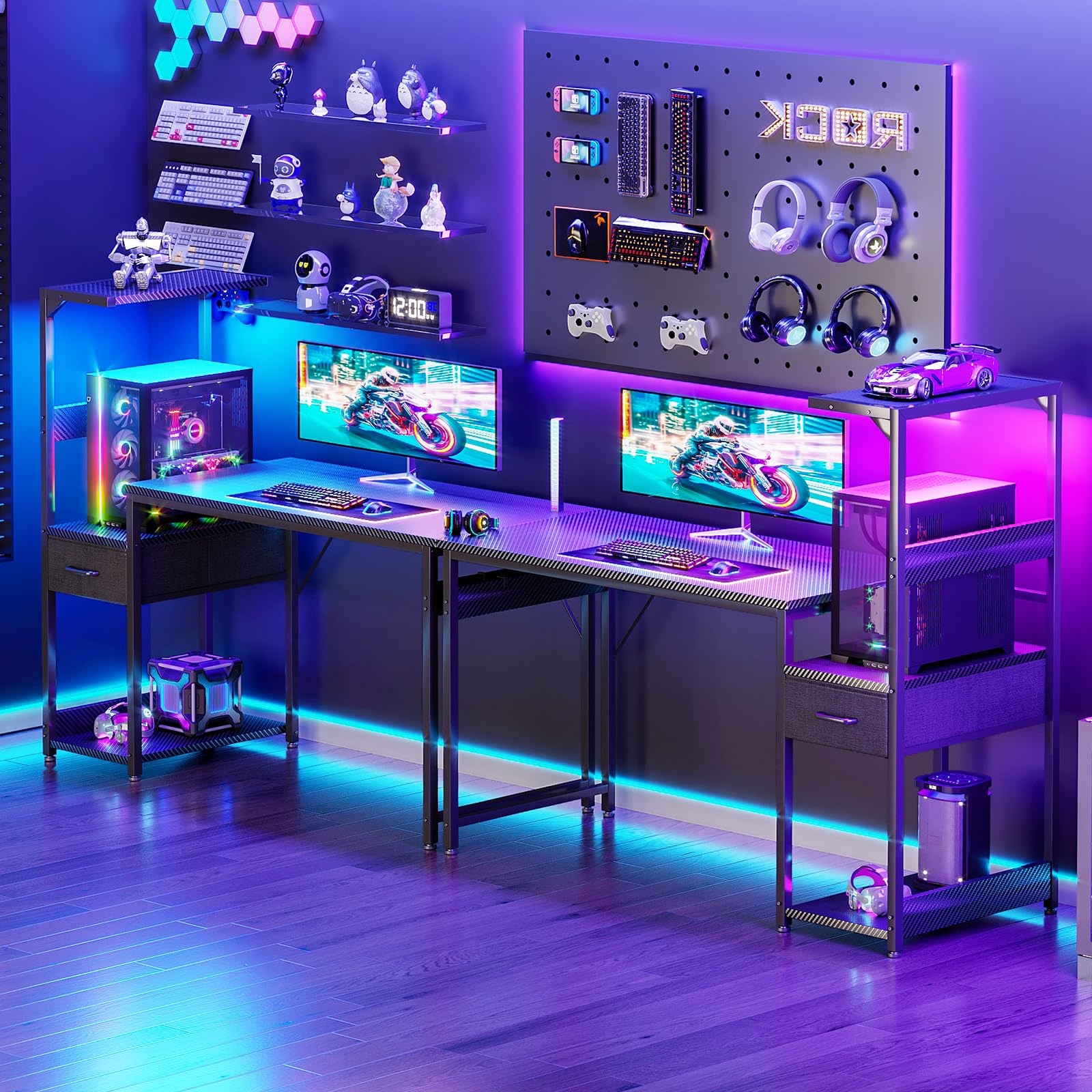 Escritorio para juegos Coleshome con iluminación LED, 120 x 48 cm, cajones y soporte, reversible, con gancho para casco, fibra de carbono negra 