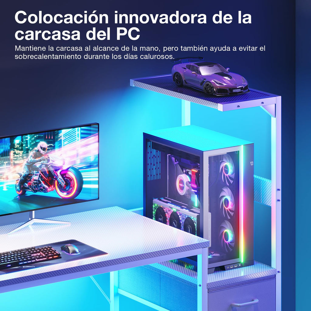 Escritorio para juegos Coleshome con iluminación LED, 120 x 48 cm, cajones y soporte, reversible, con gancho para casco, fibra de carbono negra 