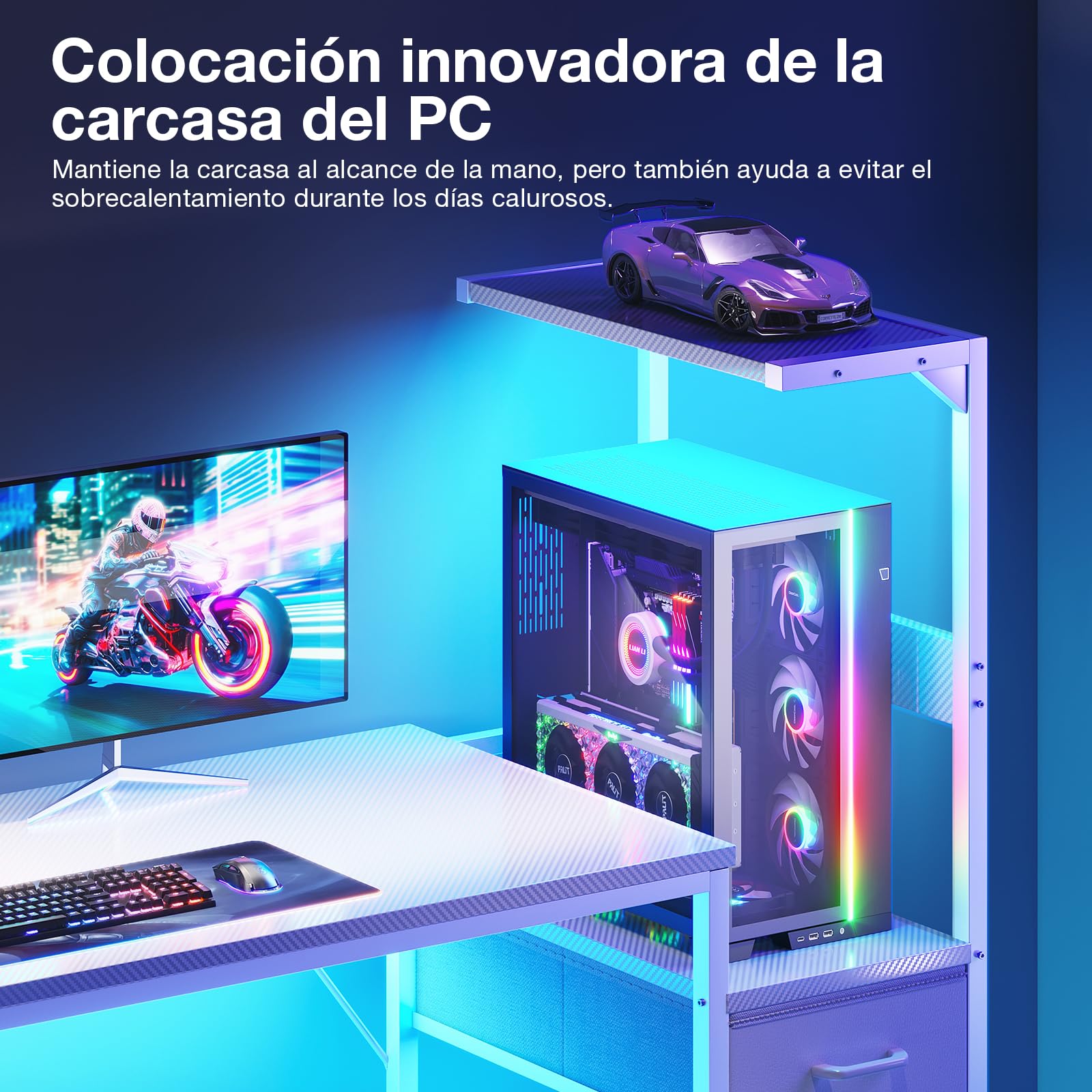 Escritorio para juegos Coleshome con iluminación LED, 120 x 48 cm, cajones y soporte, reversible, con gancho para casco, fibra de carbono negra 