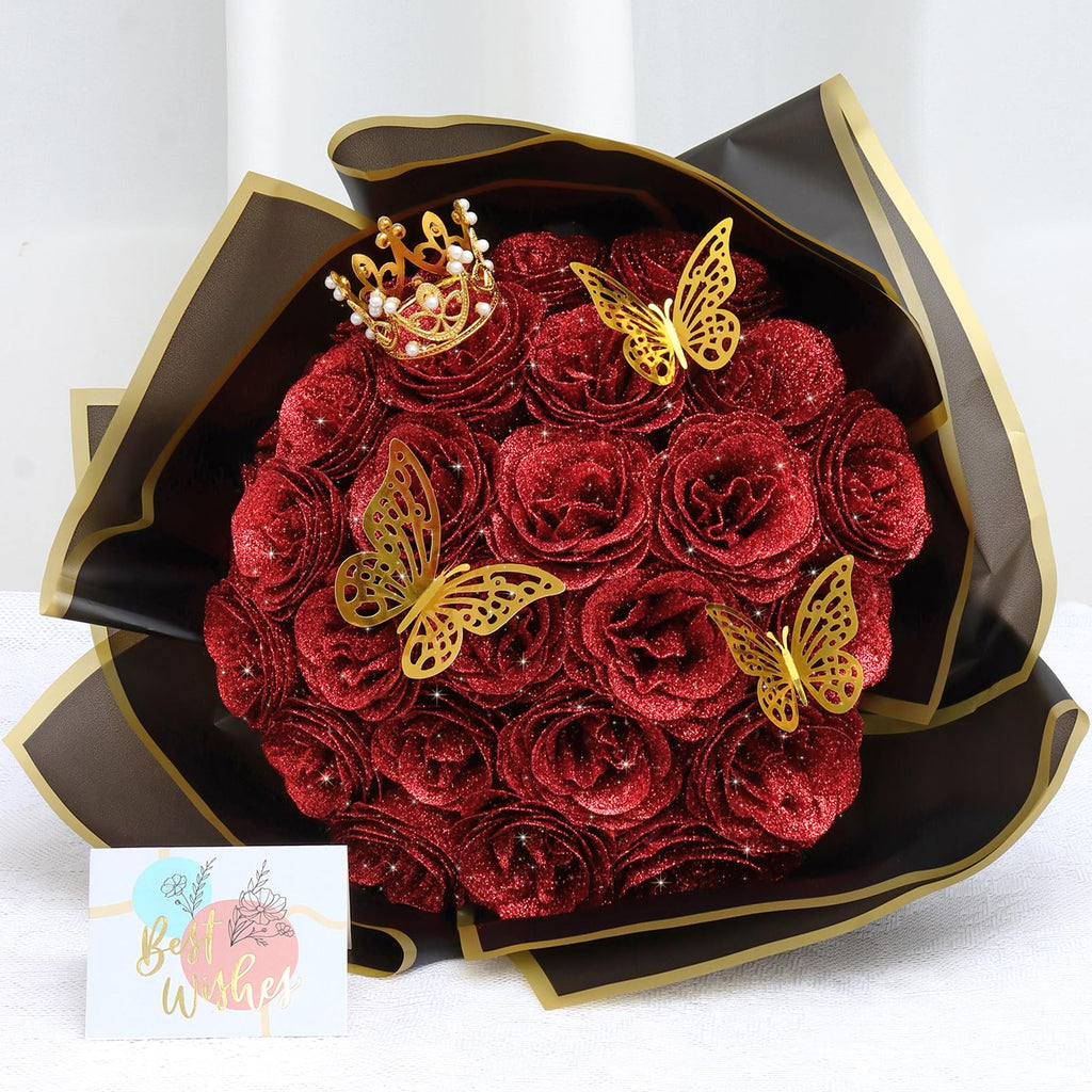 Dremisland Ramo de rosas com purpurinas rosa 26 peças flores artificiais ramo de rosas falsas com haste longa flores falsas para noiva casamento e compromissos casa jardim centros de mesa decoração