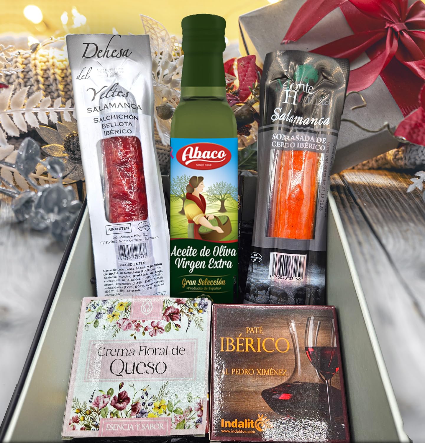 Cesto Gourmet para oferecer M | Perfeita como presente cesta de Natal para empresas, presunto ibérico de isca vinho tempranillo creme de morcela e creme de sobretudo par par PX pack polvones e balões