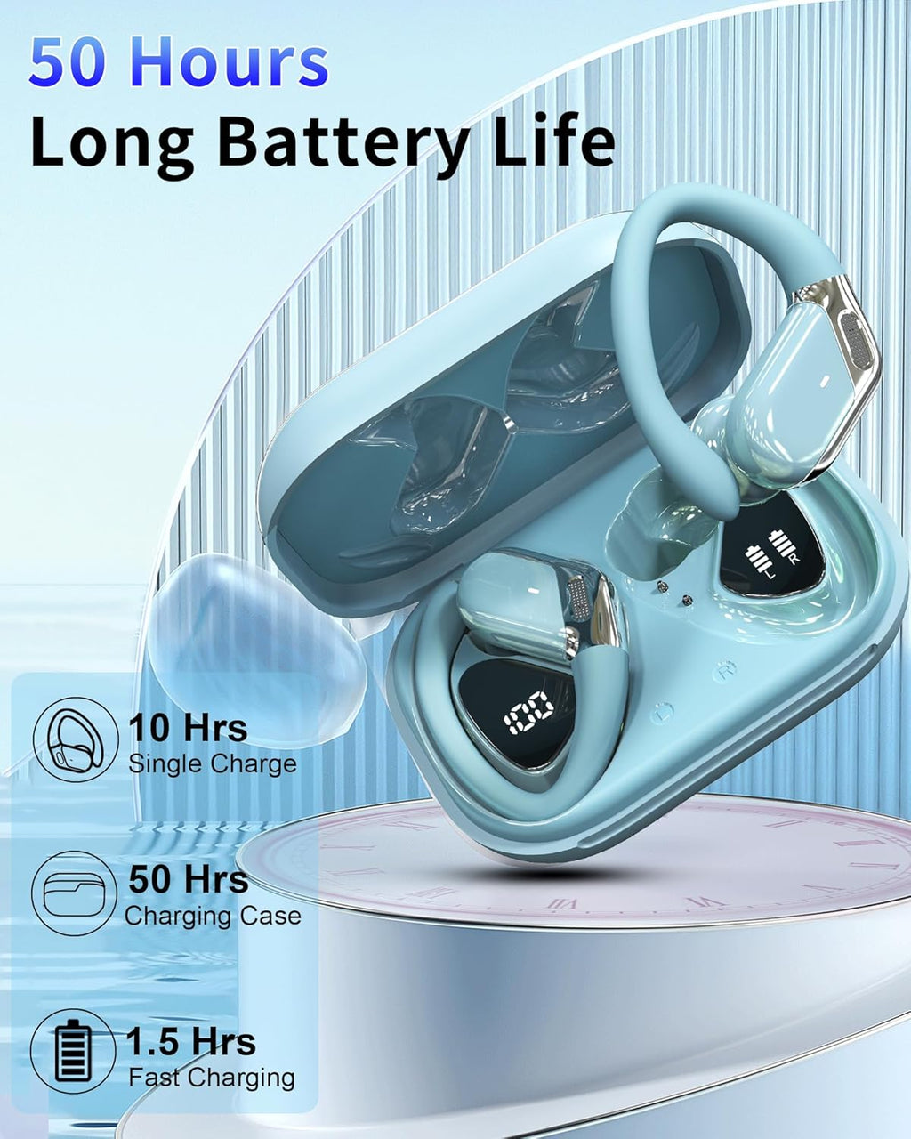 Bluetooth 5.4 Sport Headphones, Bluetooth Headphones with 3D Hifi Stereo, 50 Hours Wireless Earphones In Ear Noise Cancelling ENC and 4 HD Mics, IP7 Waterproof Wireless Earphones