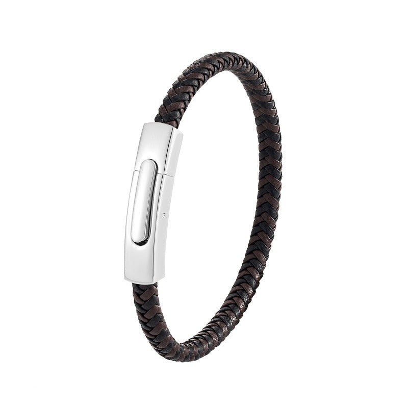 Pulseira de Couro e Aço Inoxidável 316L