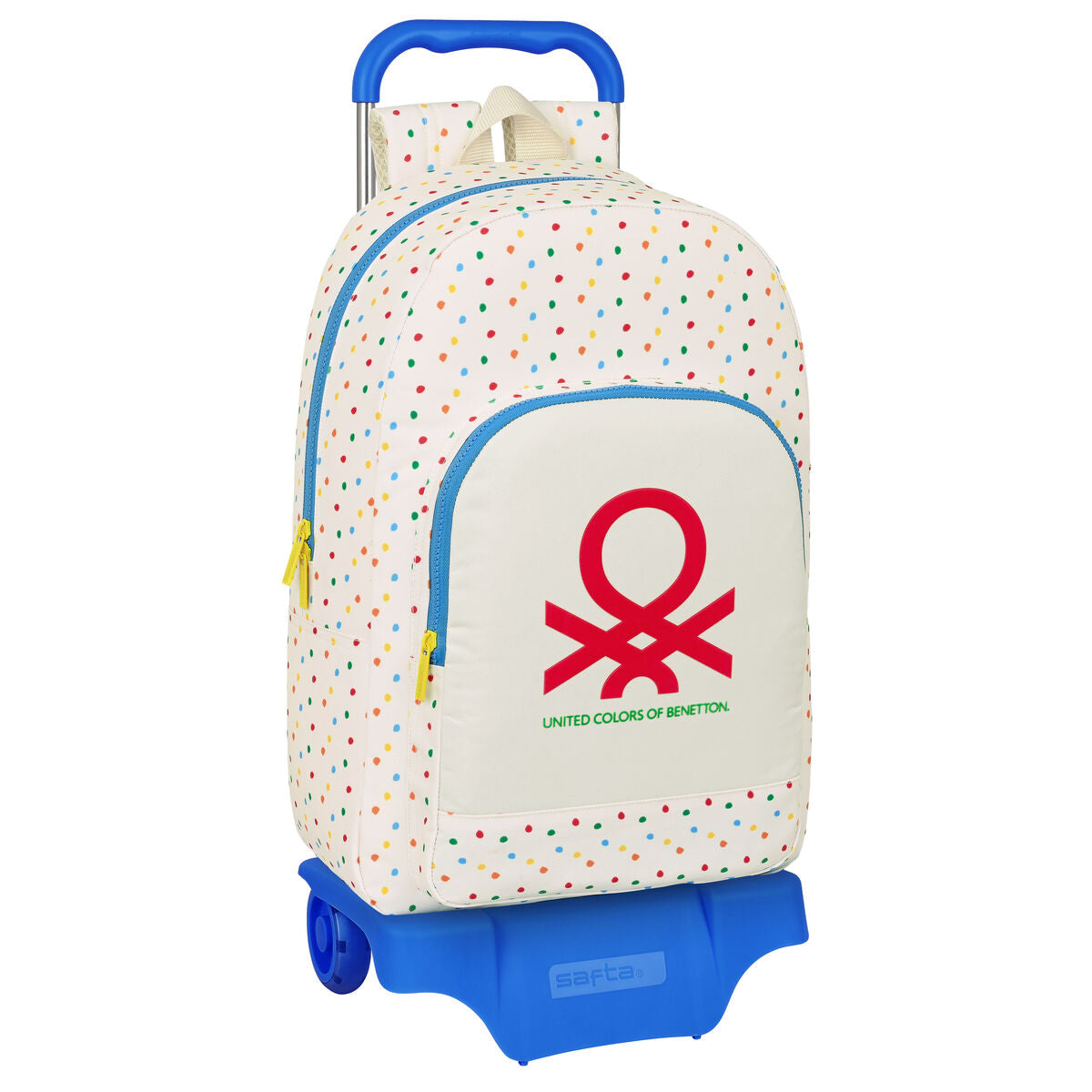 Mochila escolar Benetton Topitos blanca con ruedas, 30 x 46 x 14 cm