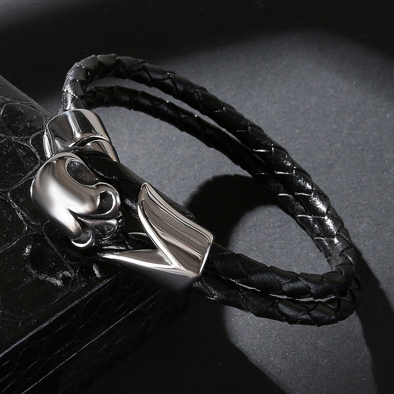 Pulseira Skull de Couro e Aço Inoxidável