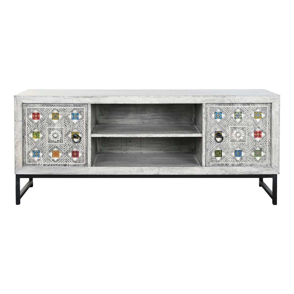 Móvel de TV DKD Home Decor Branco Bege Cinzento Multicolor Cerâmica Madeira de mangueira 130 x 40 x 56 cm