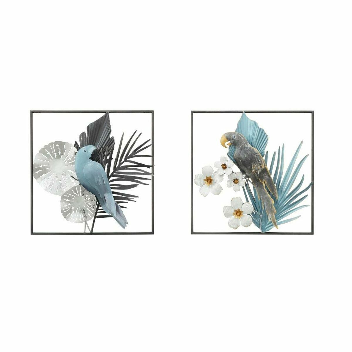 Decoración de pared DKD Home Decor 50 x 7,6 x 50 cm Negro Gris Azul Loro Tropical (2 Unidades)