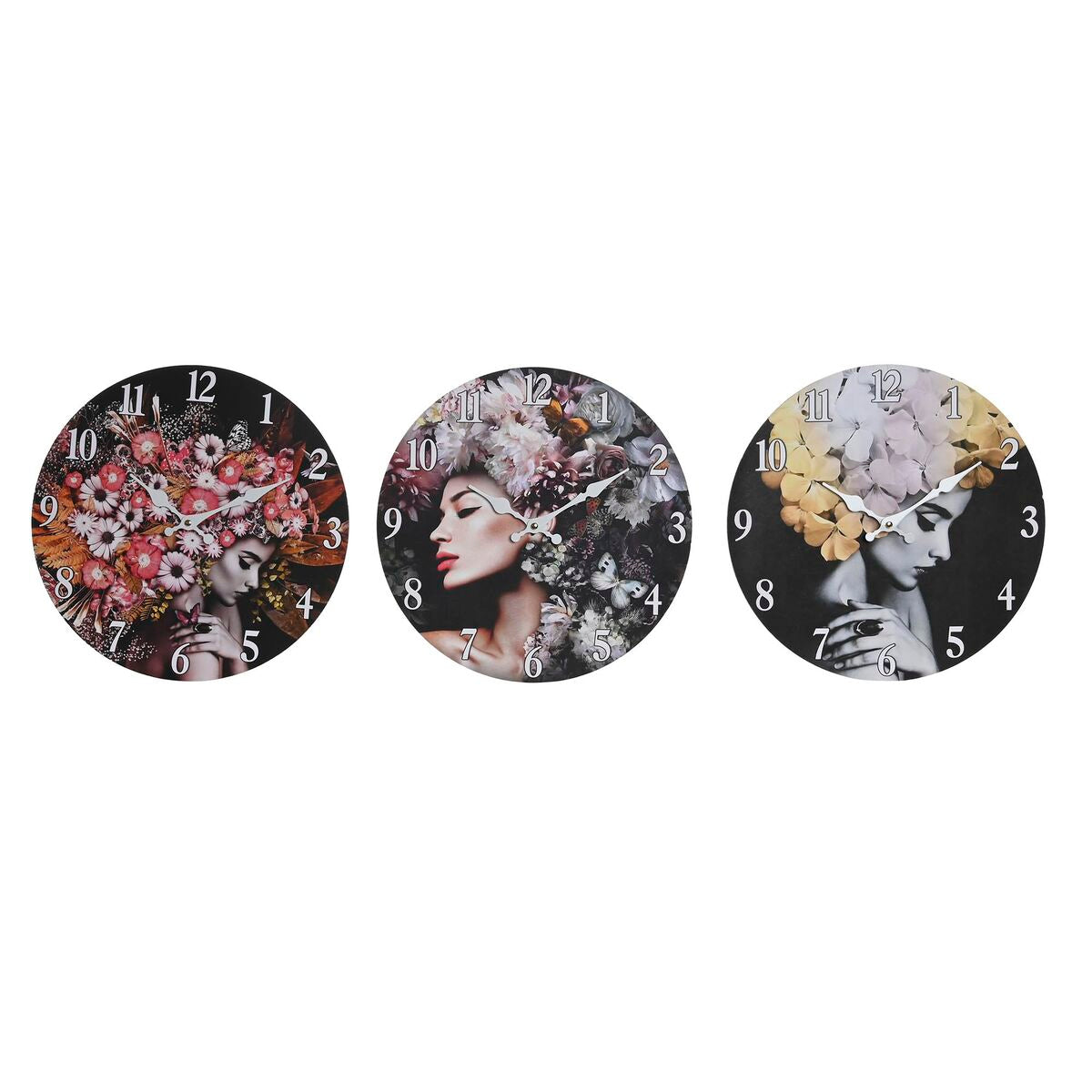 DKD Home Decor Black Multicolor Bloemen Modern Wall Clock, MDF Wood (34 x 4 x 34 cm) (3 Units)