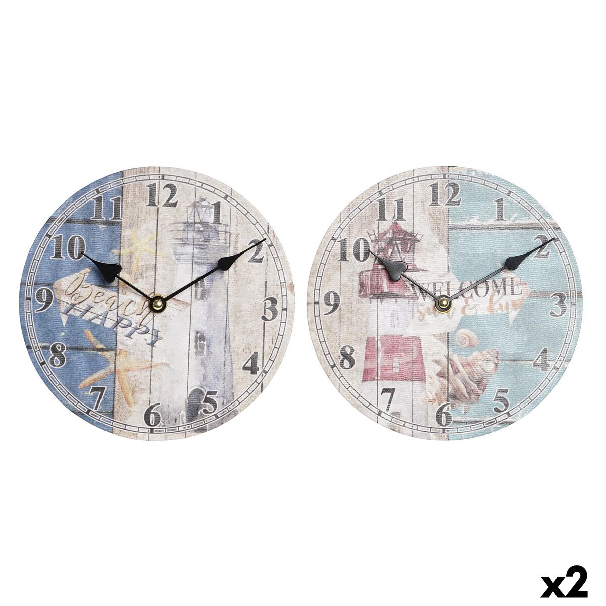 Reloj de pared DKD Home Decor Faro Multicolor, Madera MDF, Diseño Mediterráneo (2 Unidades) (20 x 3 x 20 cm)